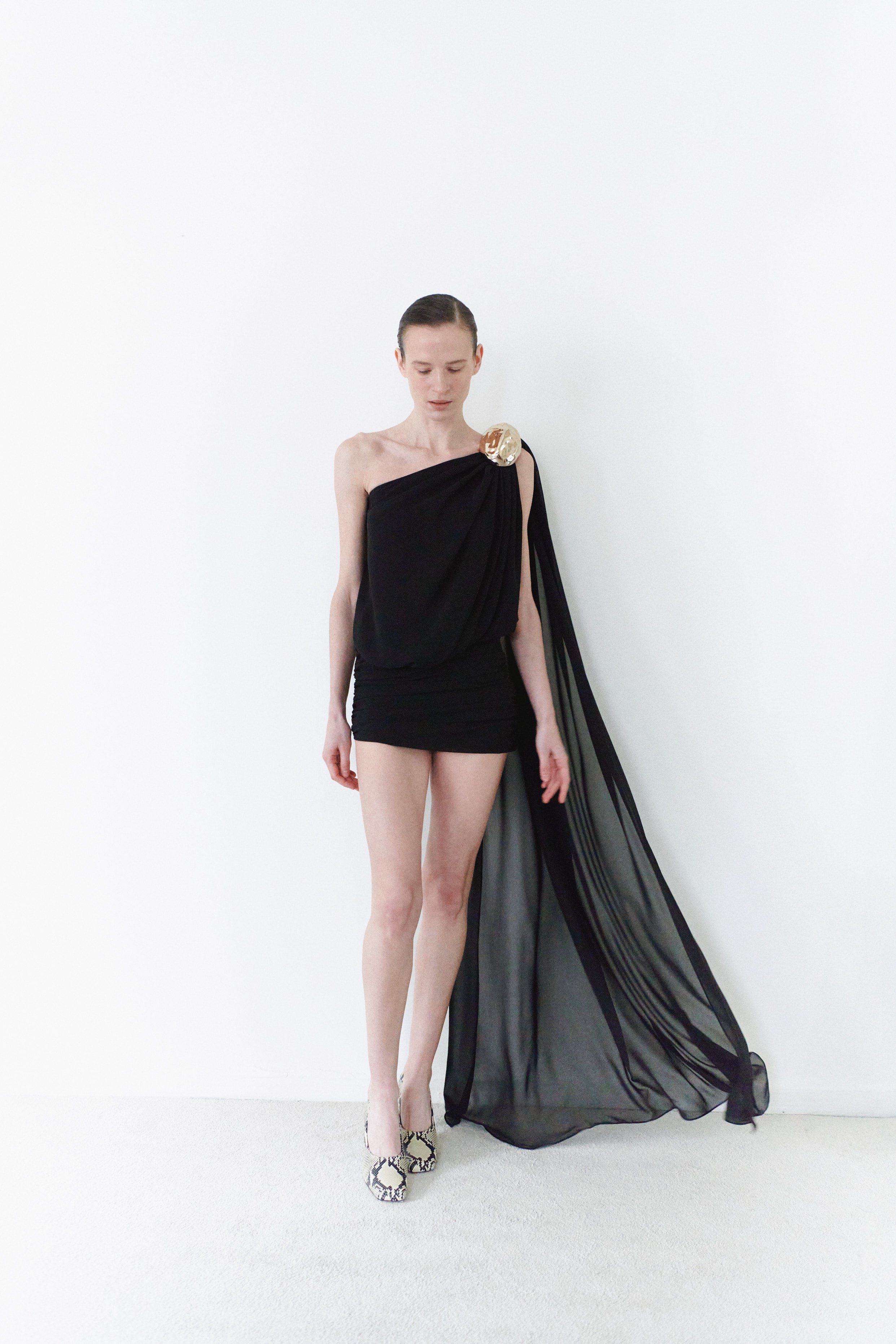 Black Chiffon Dress With Handmade Stone Detail