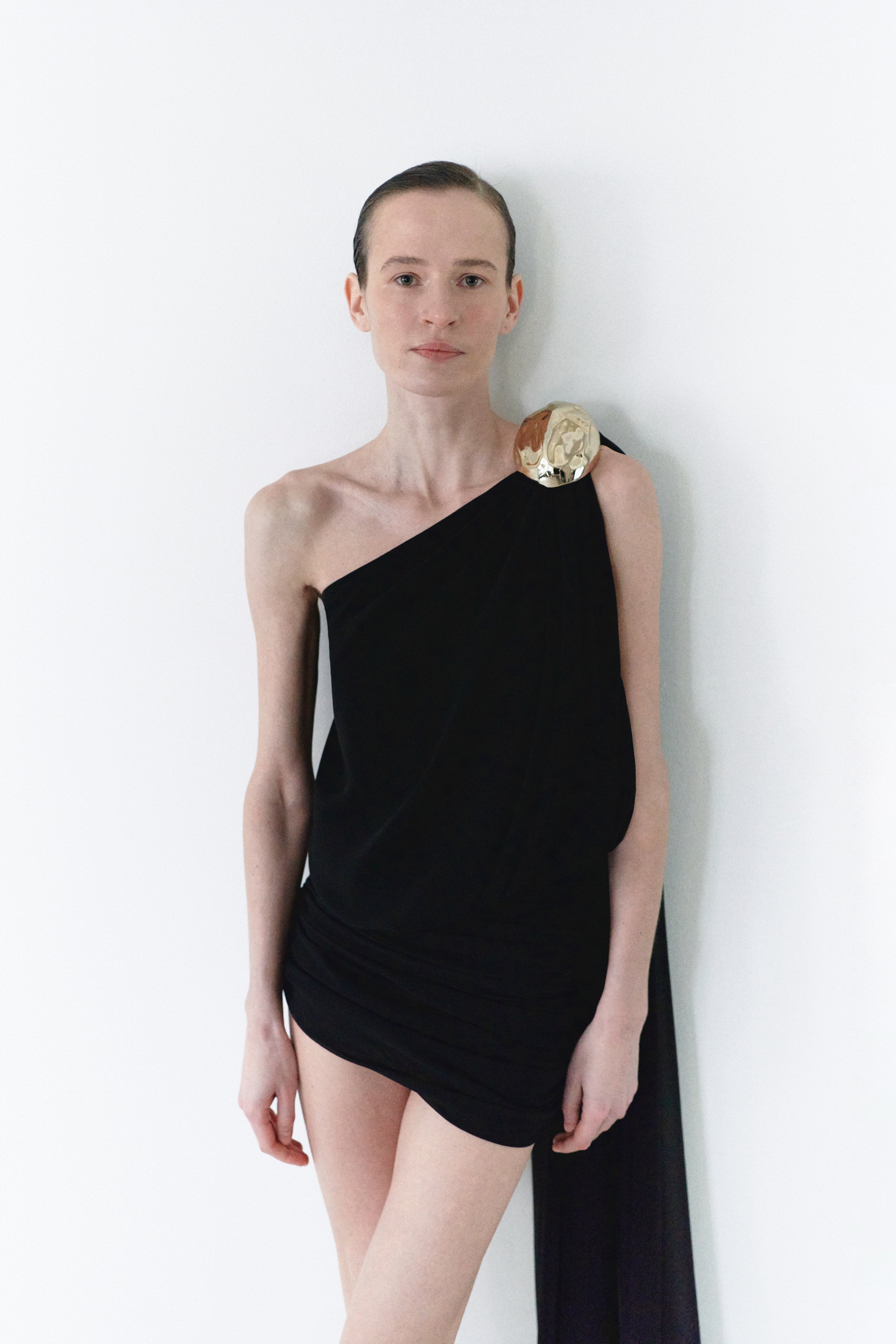 Black Chiffon Dress With Handmade Stone Detail