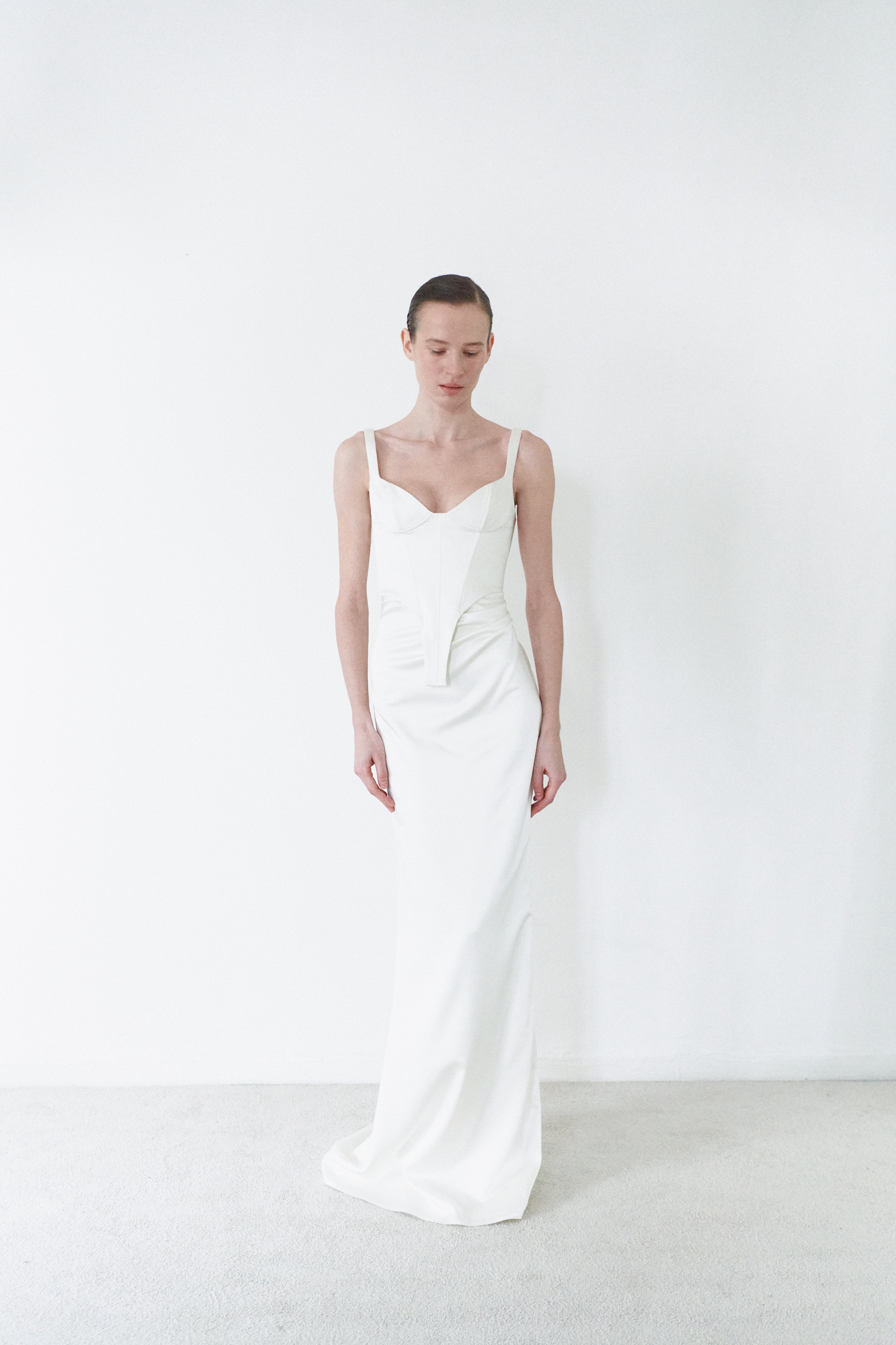 White Satin Corset And Long Draped Skirt Two Piece Set