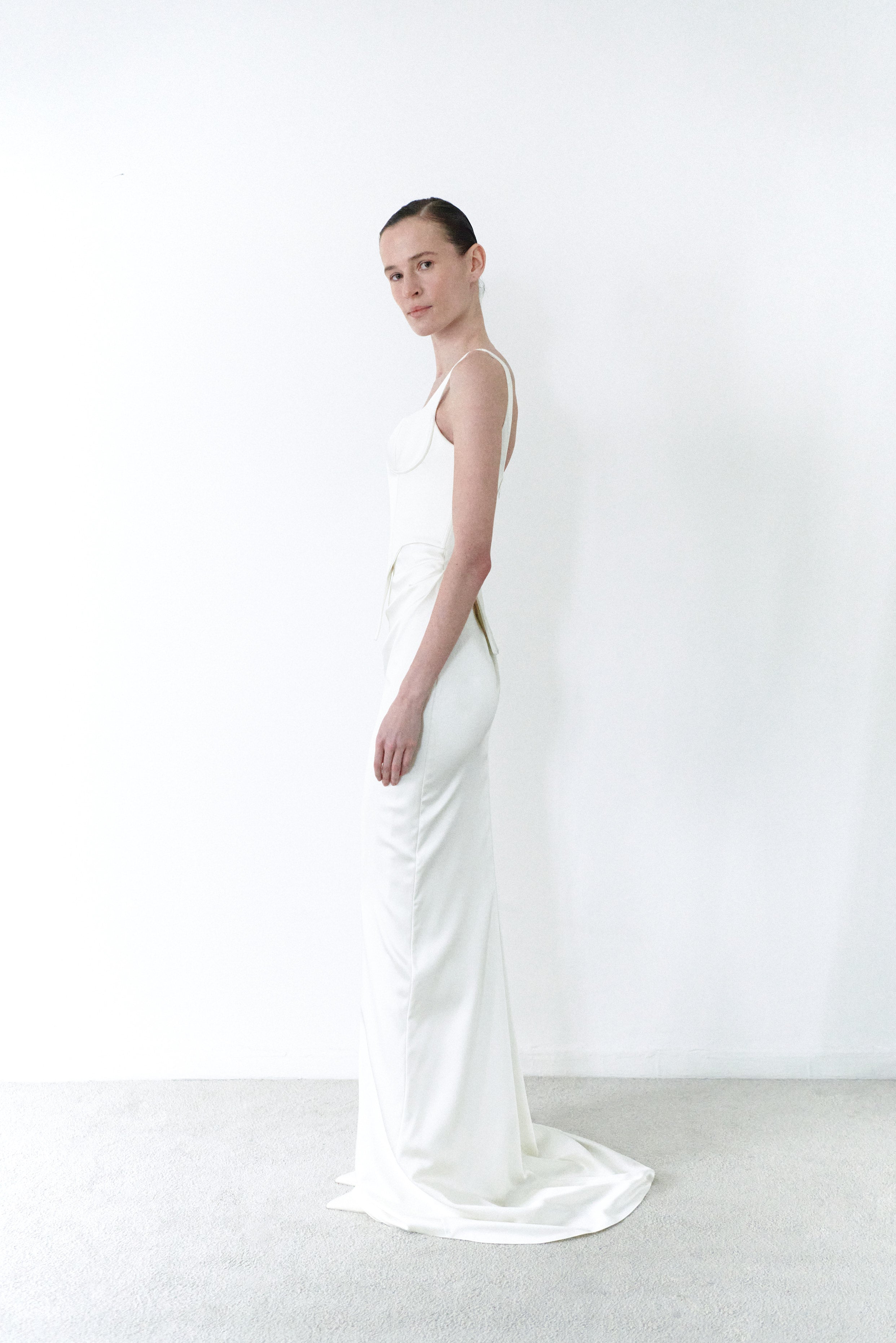White Satin Corset And Long Draped Skirt Two Piece Set