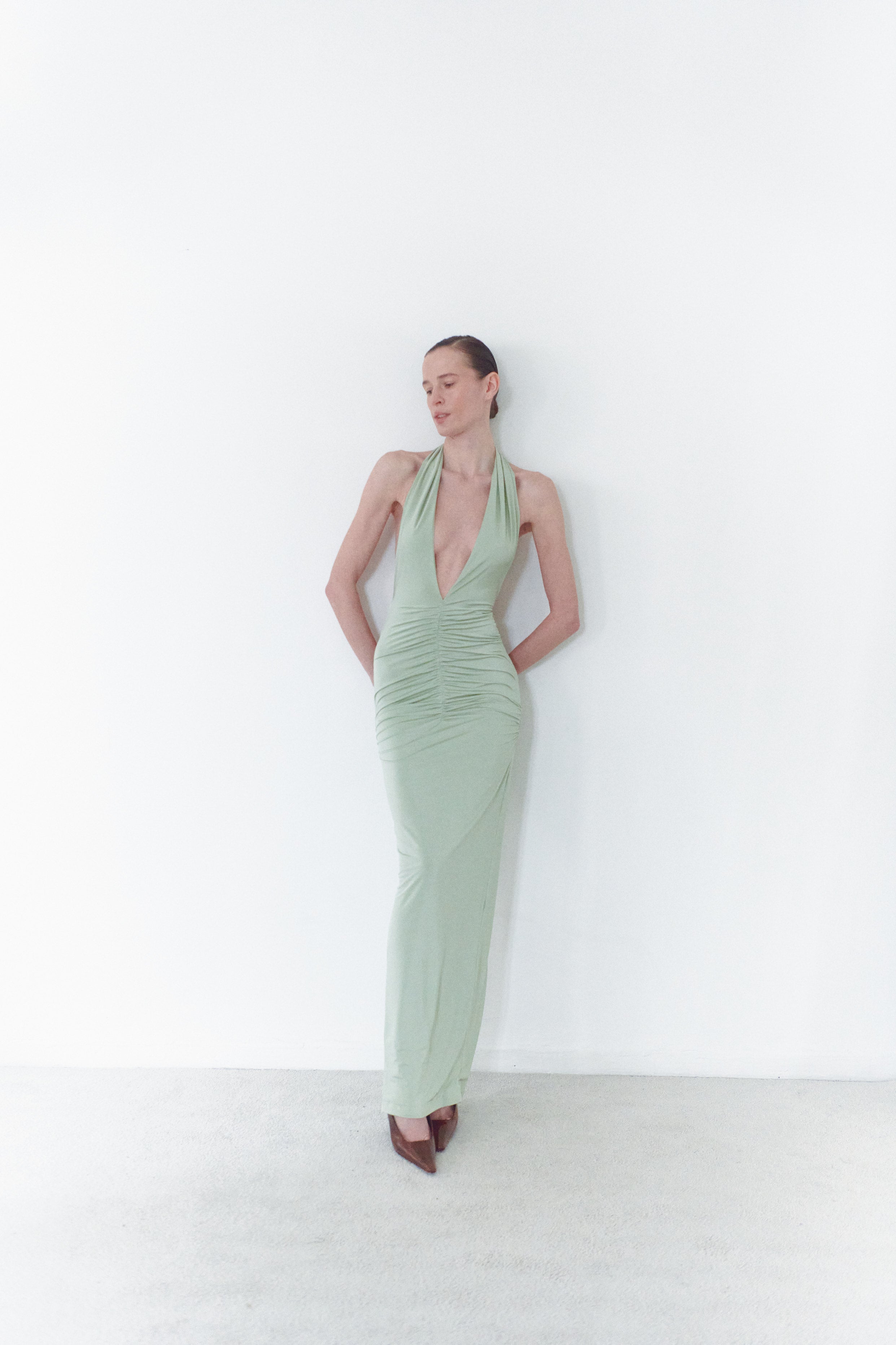 Sage Green Long Draped Dress