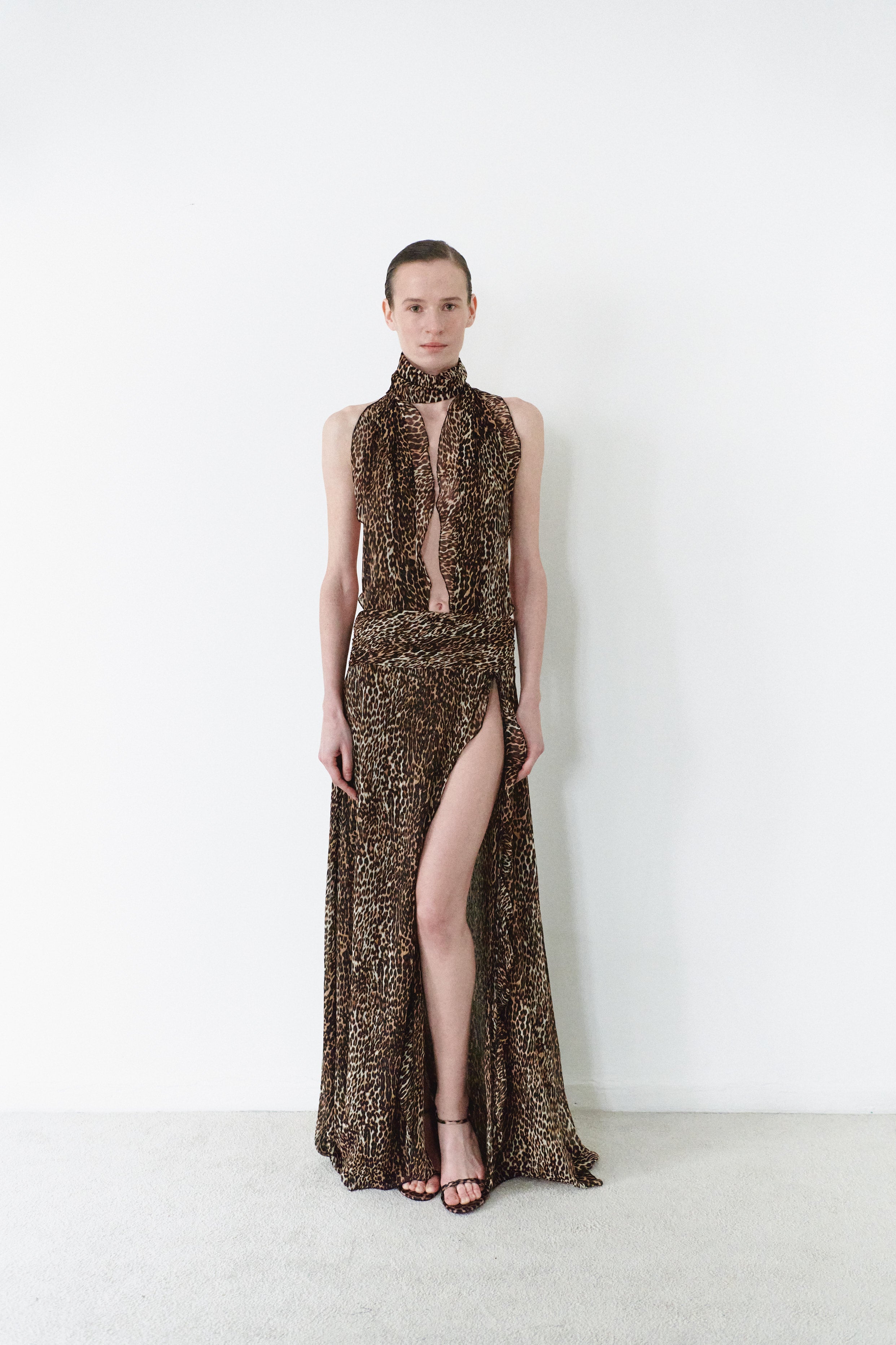 chiffon leopard dress Plunge Front Scarf Detail Maxi Dress In Brown Leopard Print Chiffon | EGO US