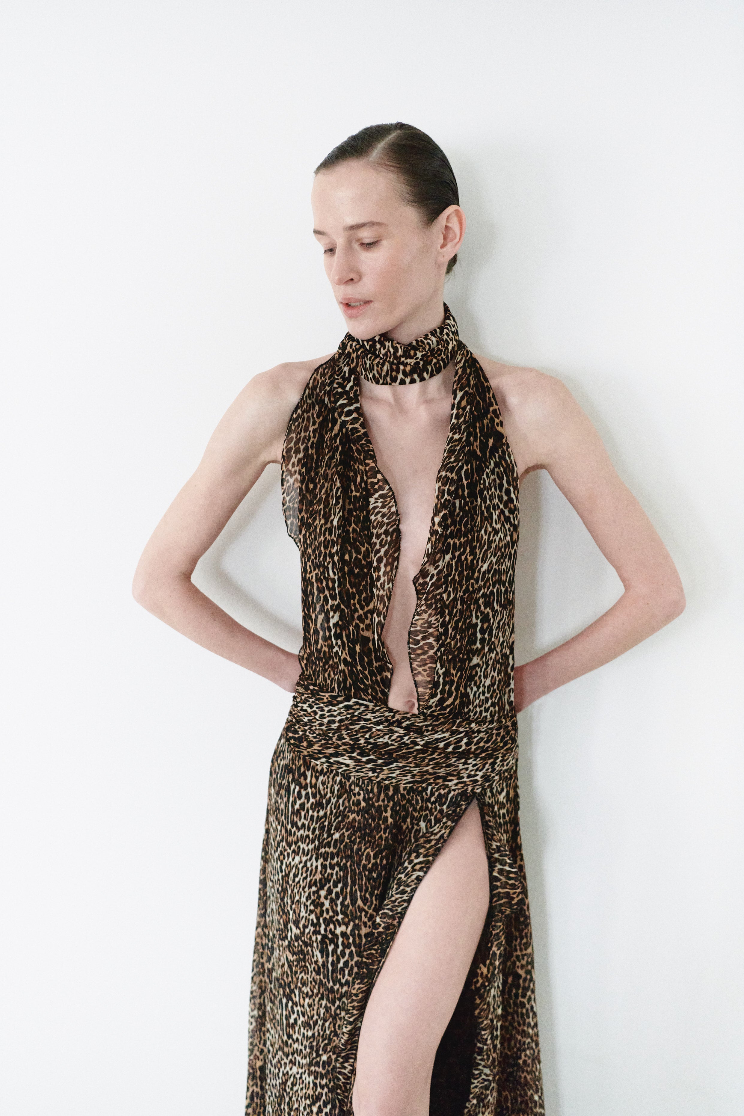 Leopard Print Chiffon Dress With Side Slit