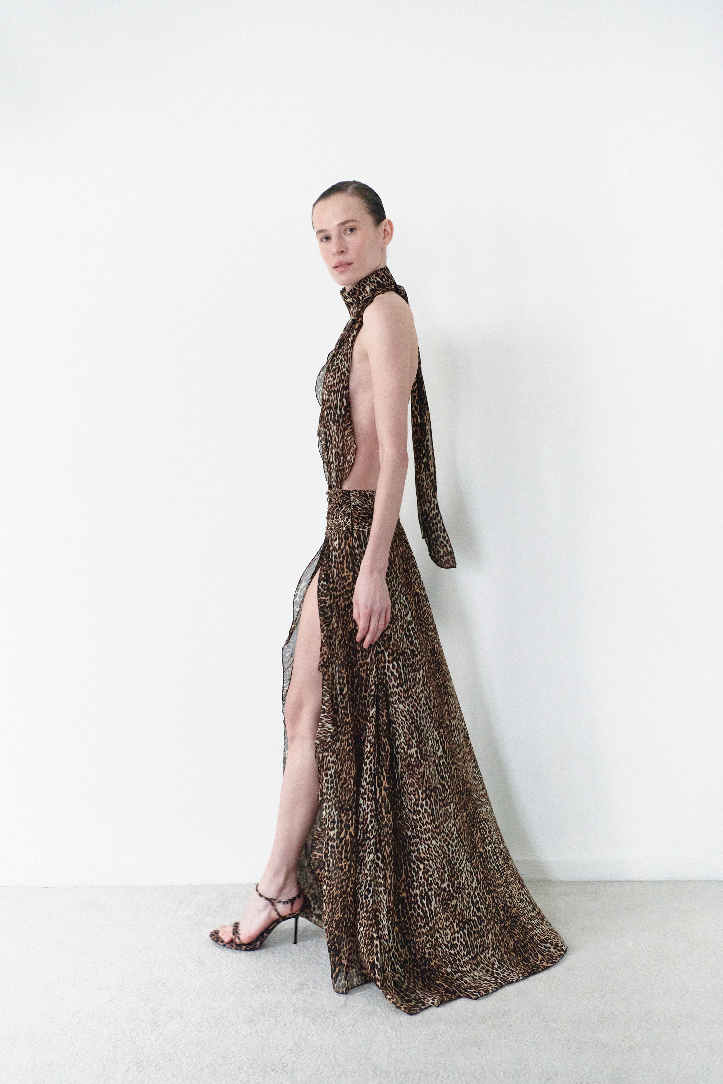 Leopard Print Chiffon Dress With Side Slit