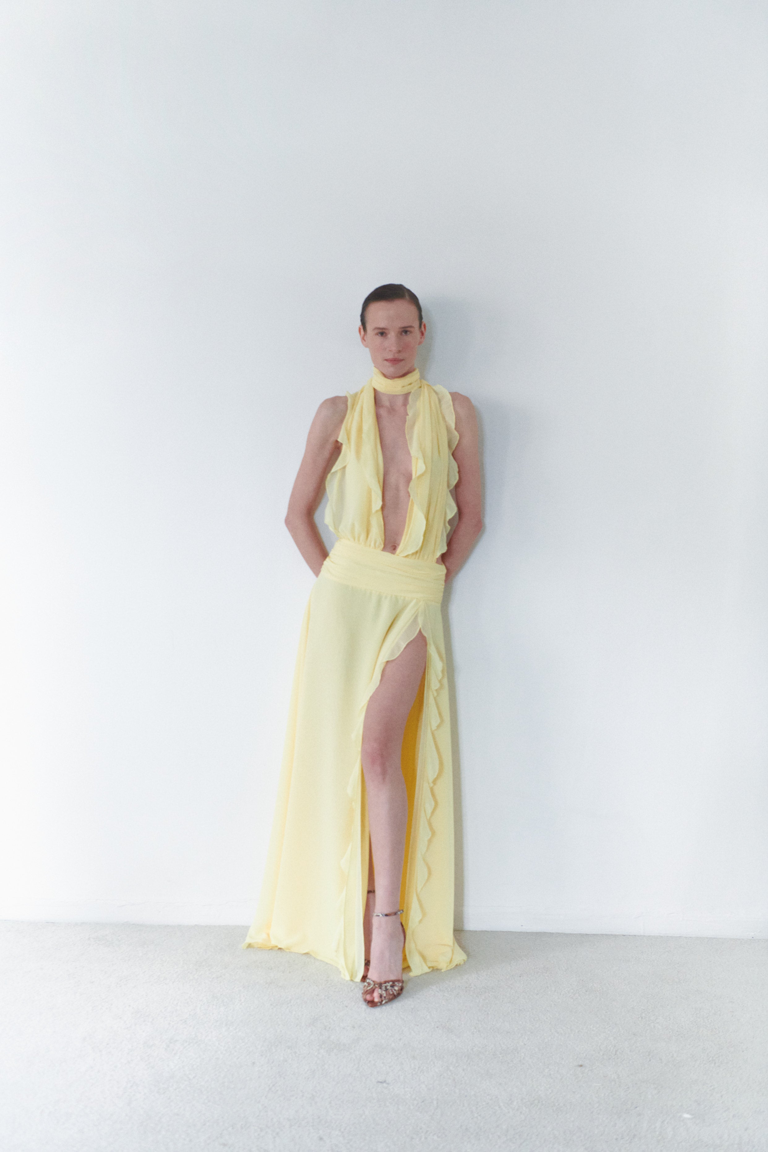 Yellow Chiffon Dress With Side Slit LEAM ALMES Yellow Chiffon Dress With Side Slit LEAM ALMES