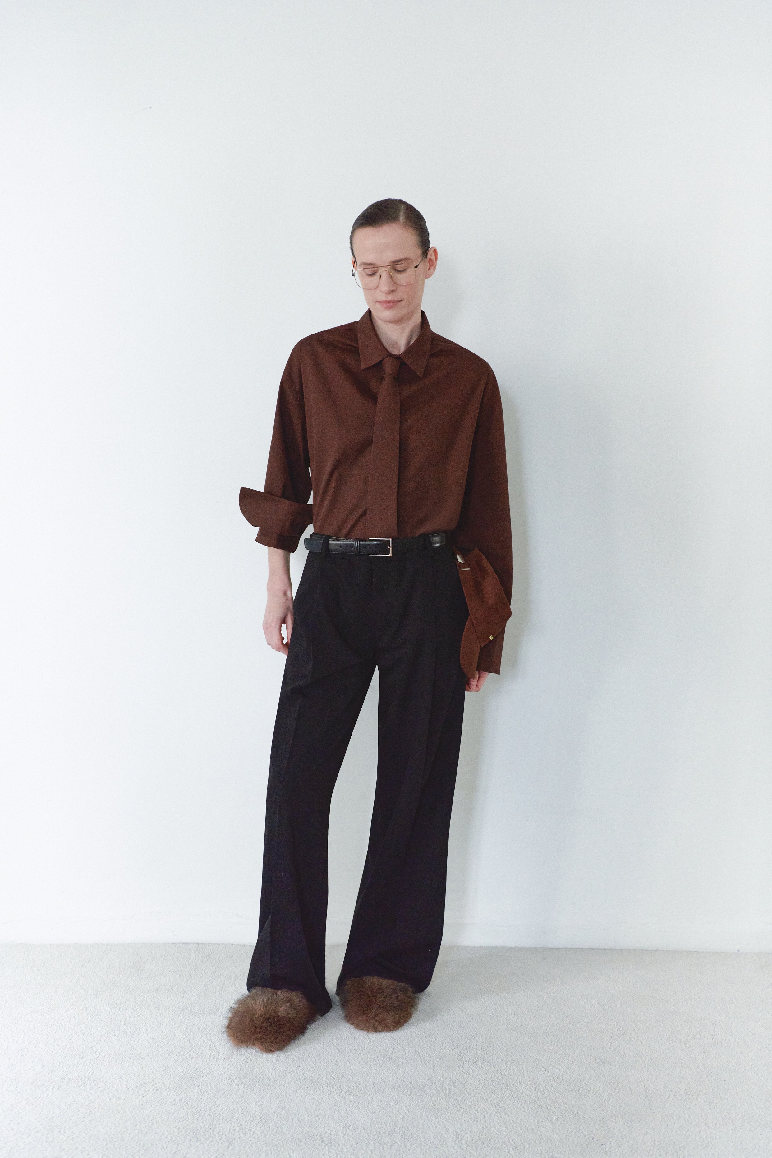Kahverengi Unisex Oversize Kravatlı Gömlek