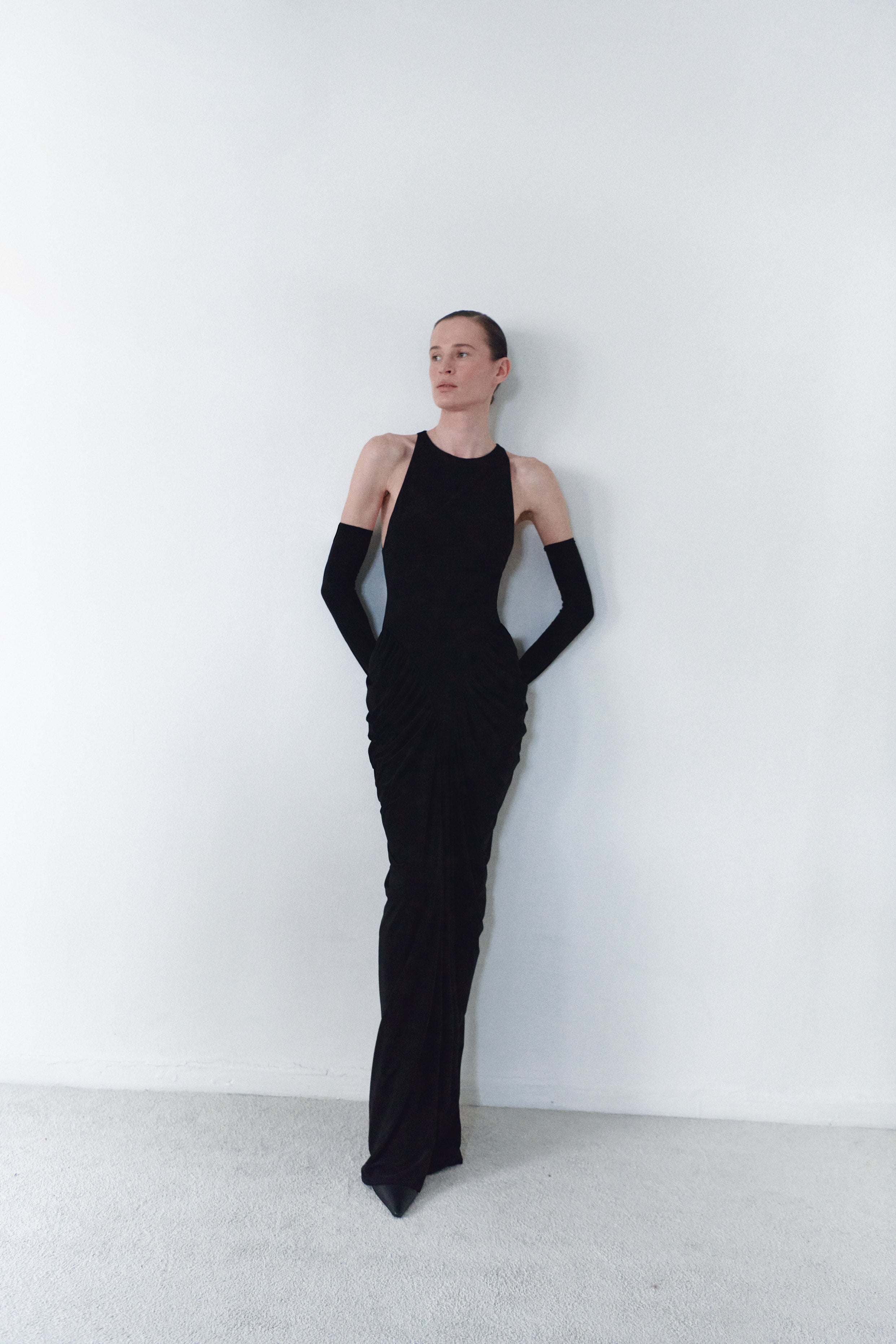 Black Halter Neck Draped Dress With Gloves LEAM ALMES Black Halter Neck Draped Dress With Gloves LEAM ALMES