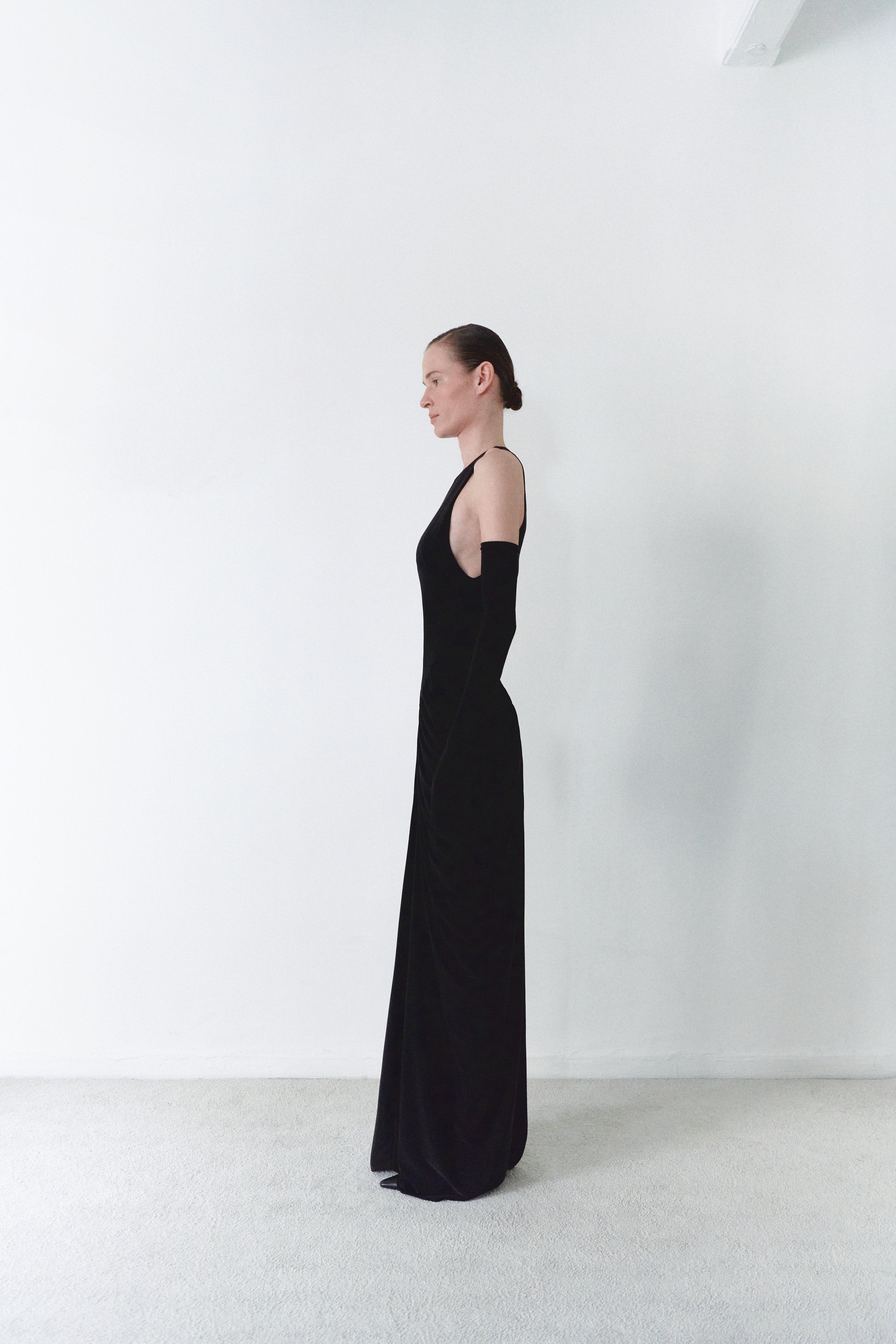Black Halter Neck Draped Dress With Gloves