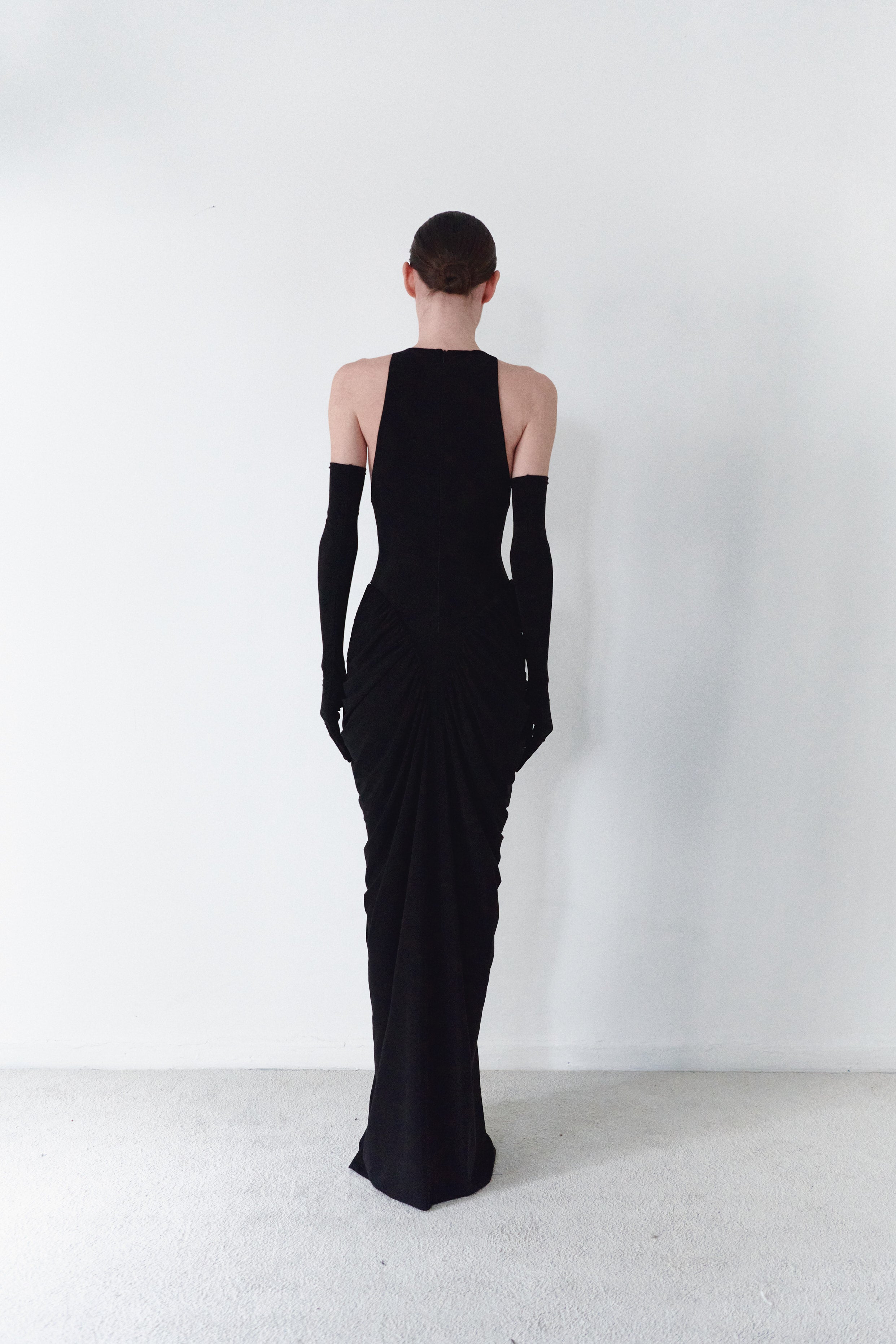 Black Halter Neck Draped Dress With Gloves