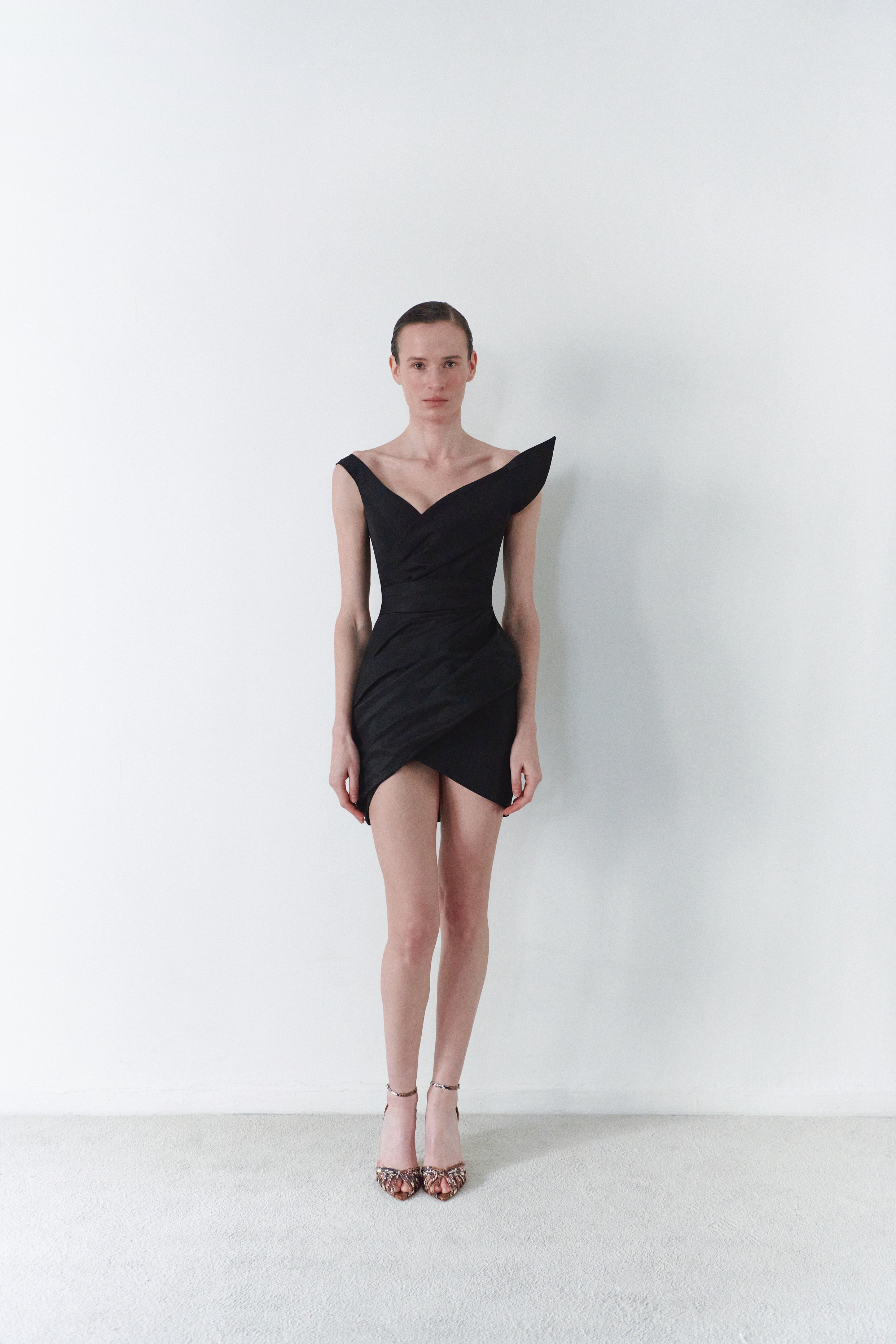 Black Taffeta Asymmetric Dress With Detachable Train