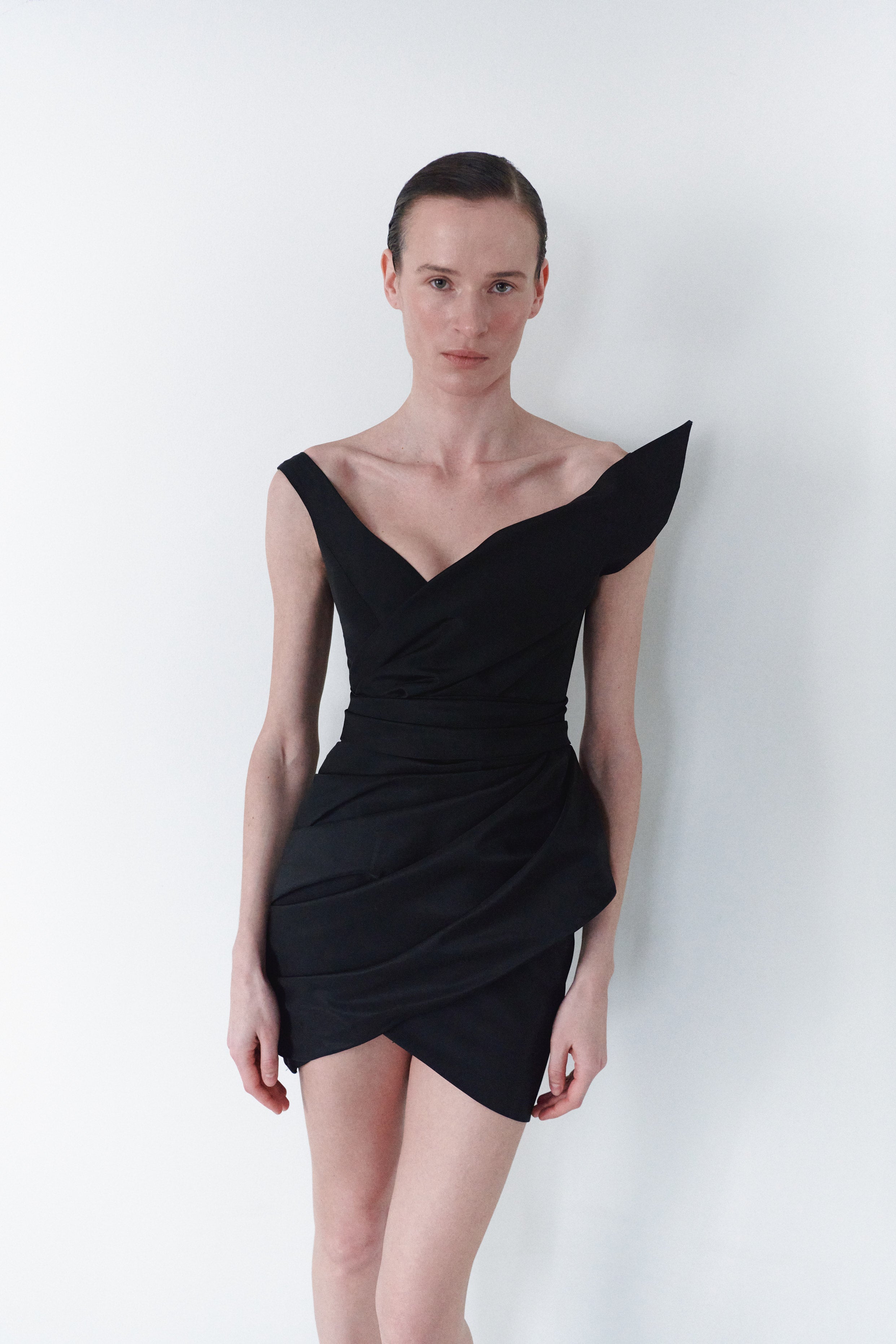 Black Taffeta Asymmetric Dress With Detachable Train