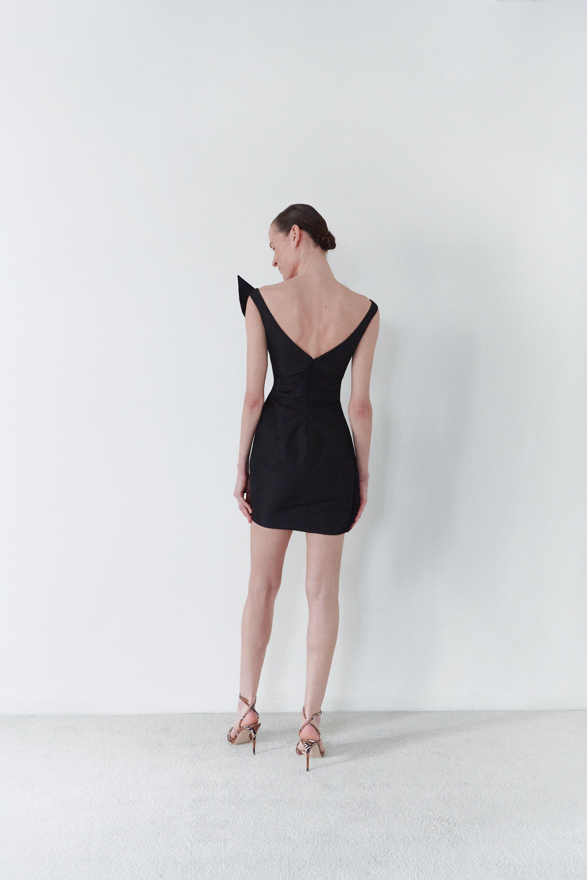 Black Taffeta Asymmetric Dress With Detachable Train