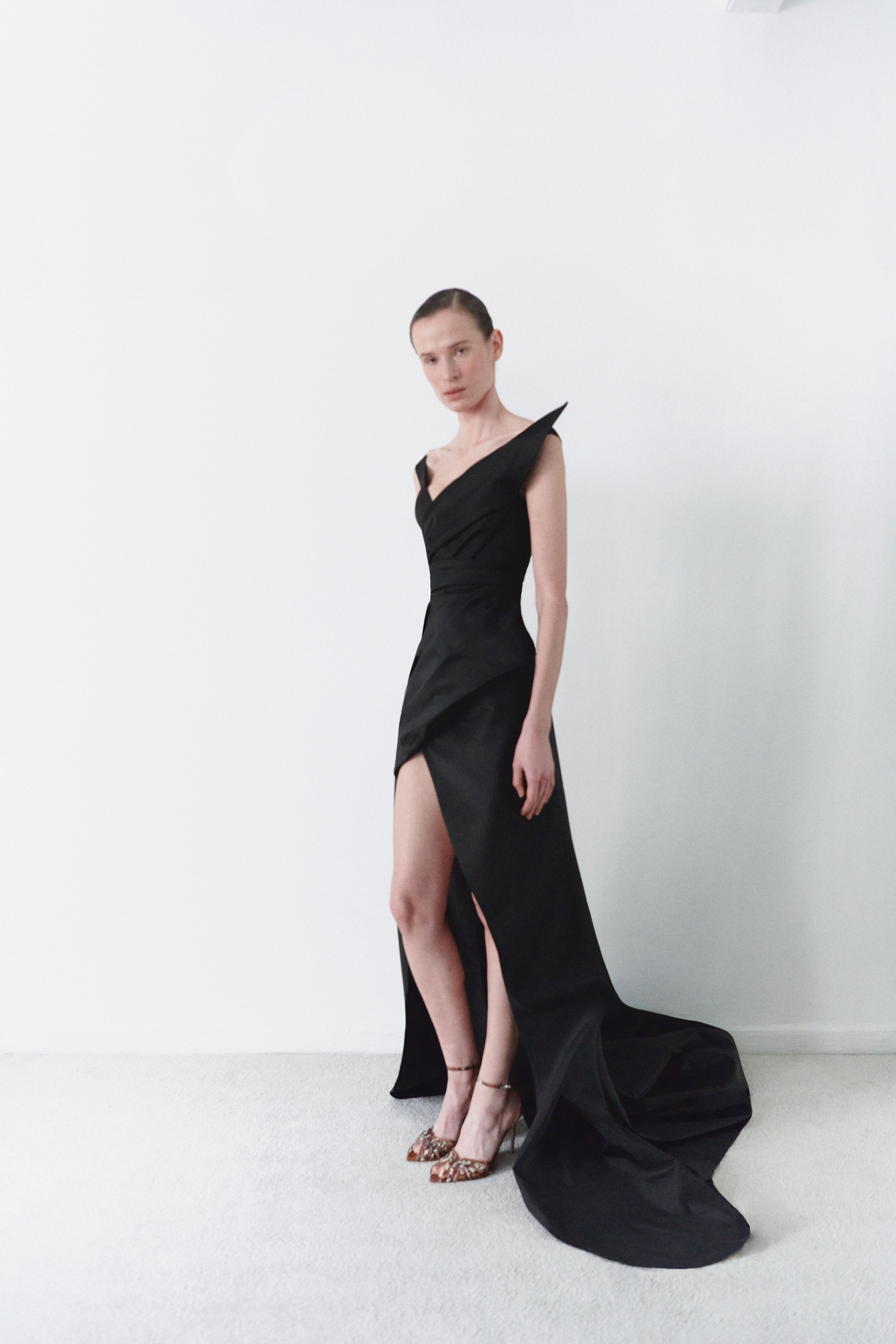 Black Taffeta Asymmetric Dress With Detachable Train