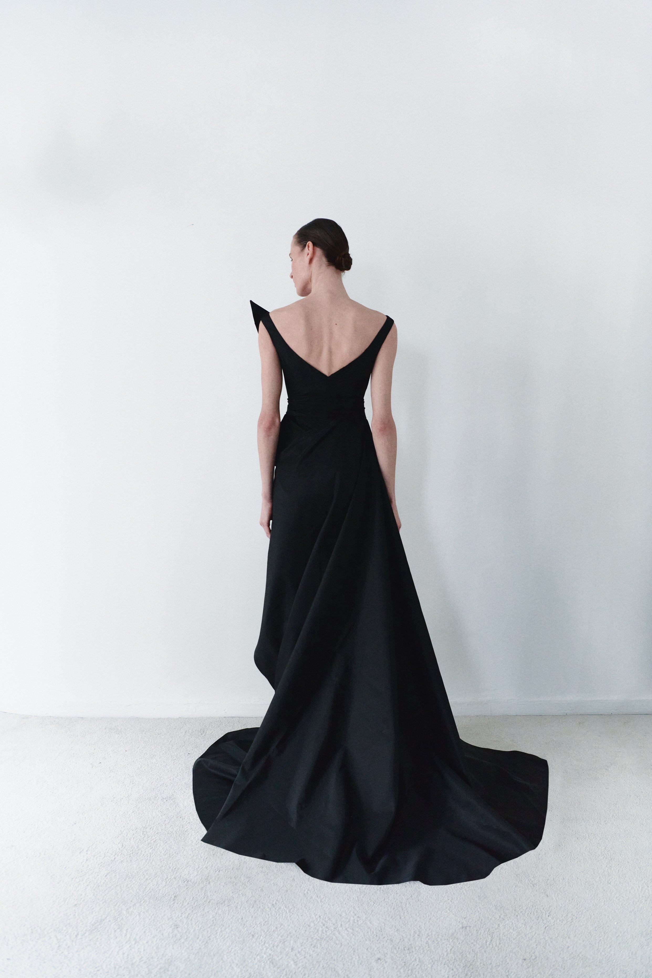 Black Taffeta Asymmetric Dress With Detachable Train