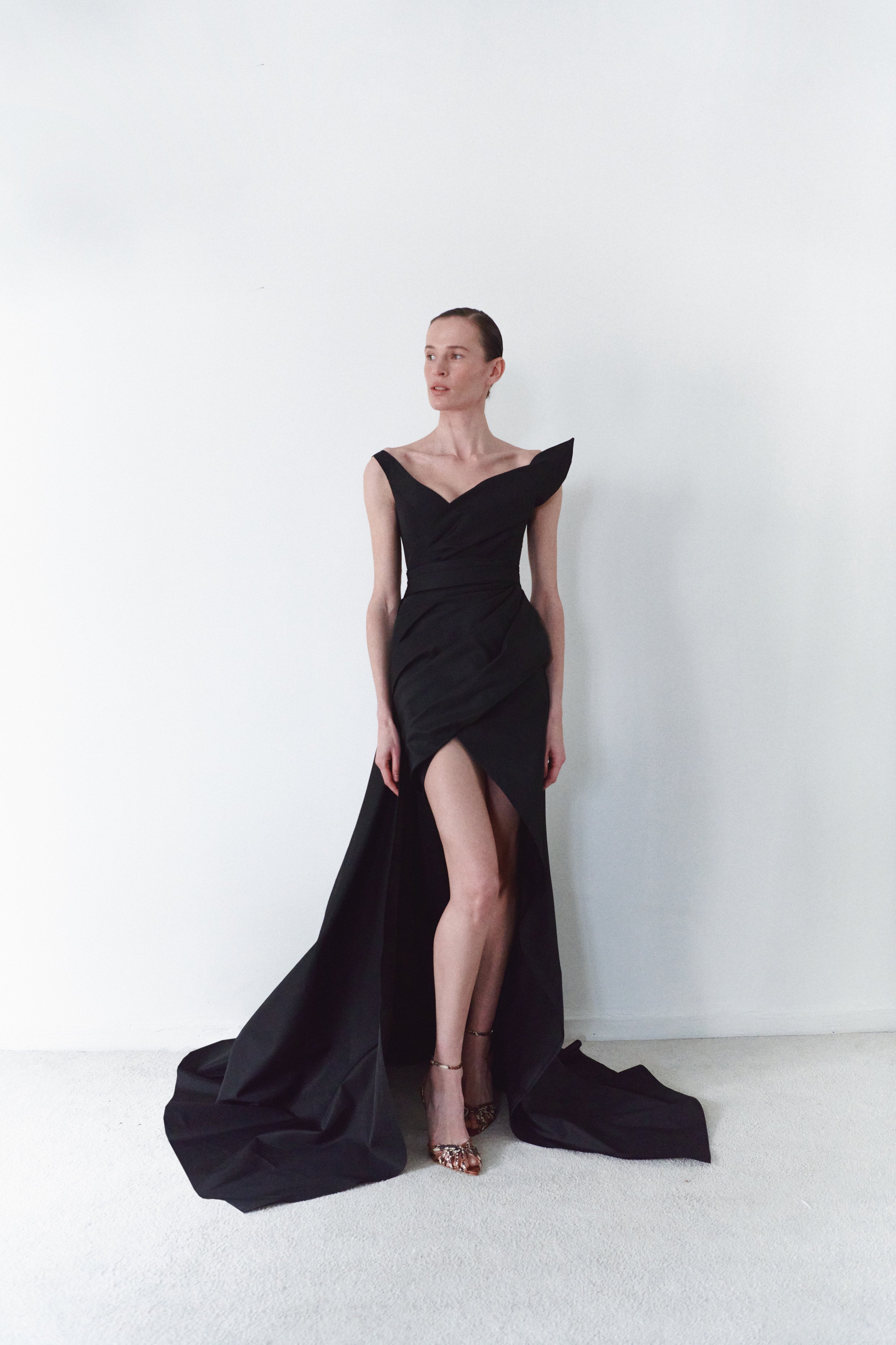 Black Taffeta Asymmetric Dress With Detachable Train