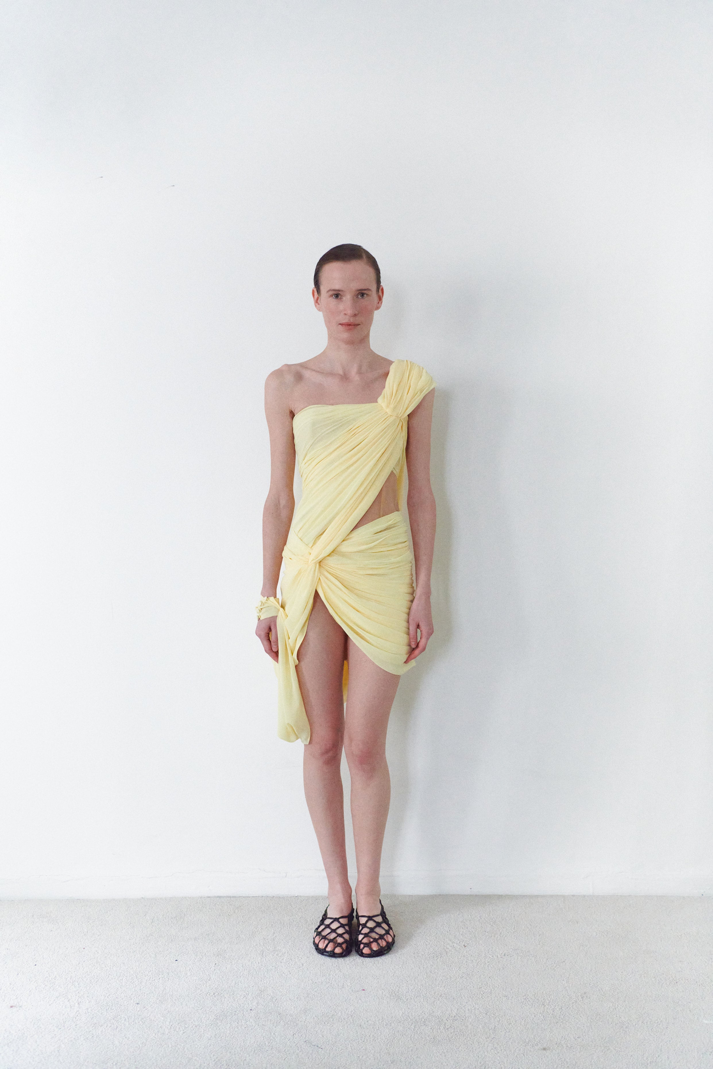 Yellow Draped Mini Dress With Cape And Collar Details