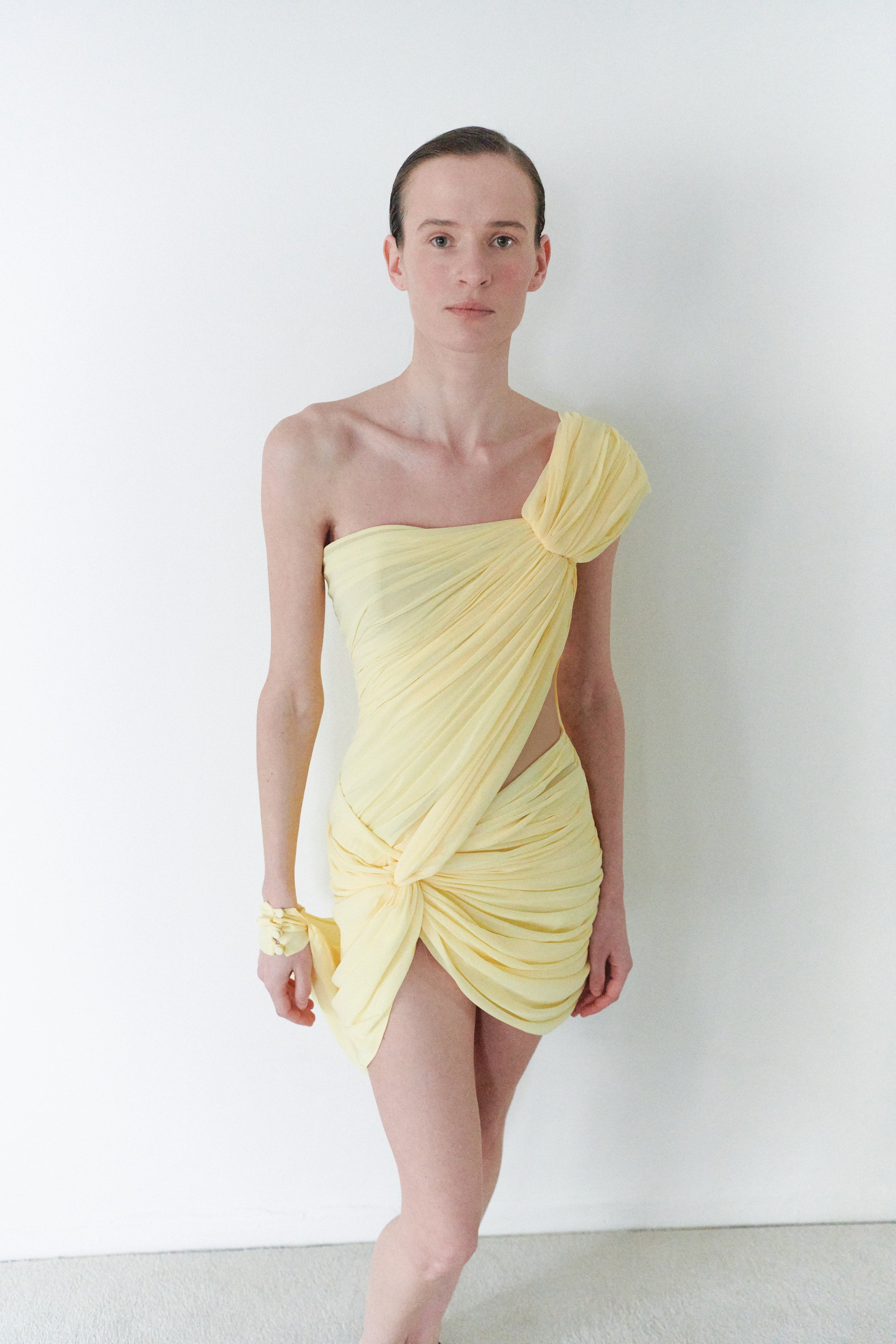 Yellow Draped Mini Dress With Cape And Collar Details