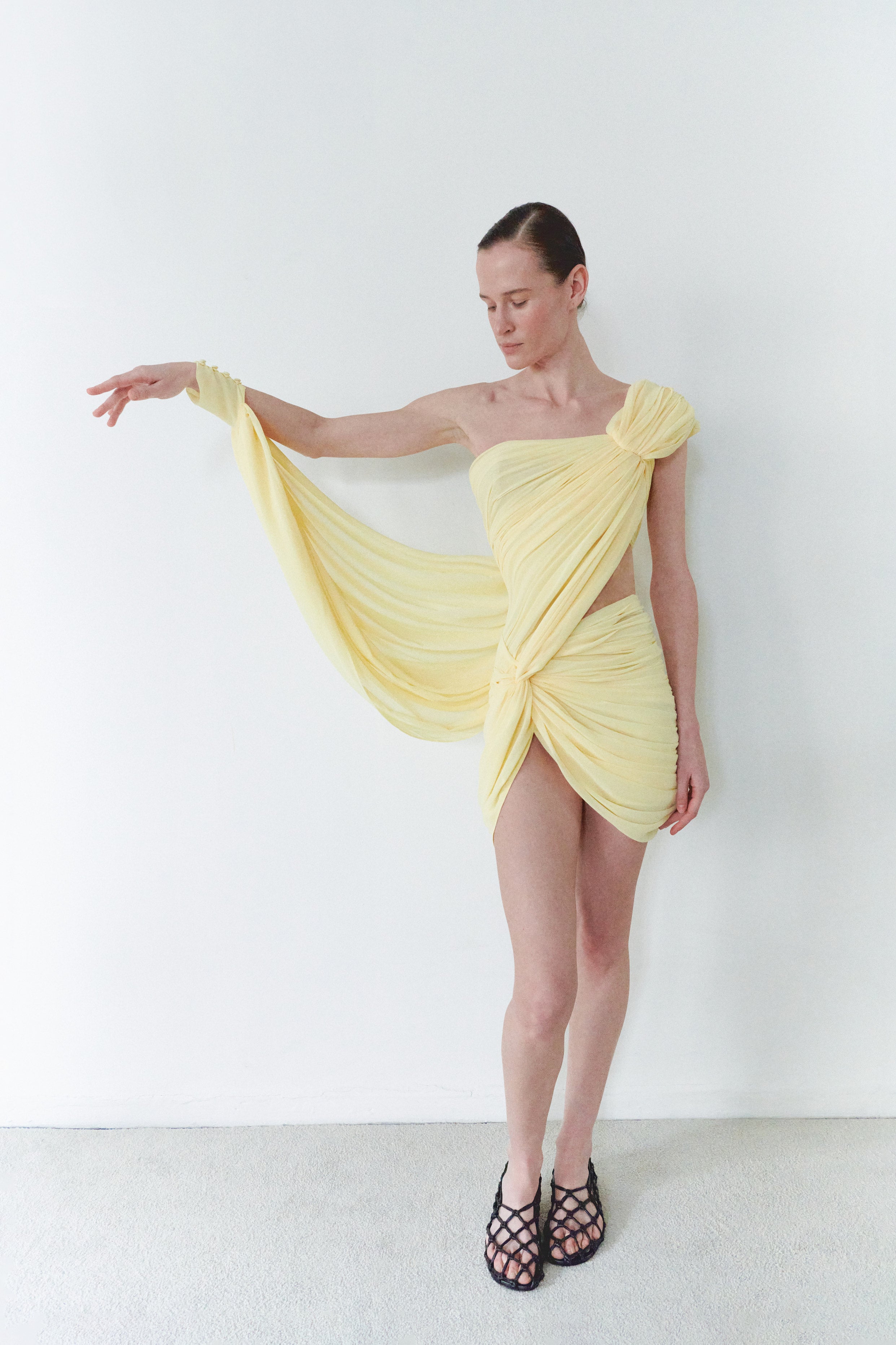 Yellow Draped Mini Dress With Cape And Collar Details
