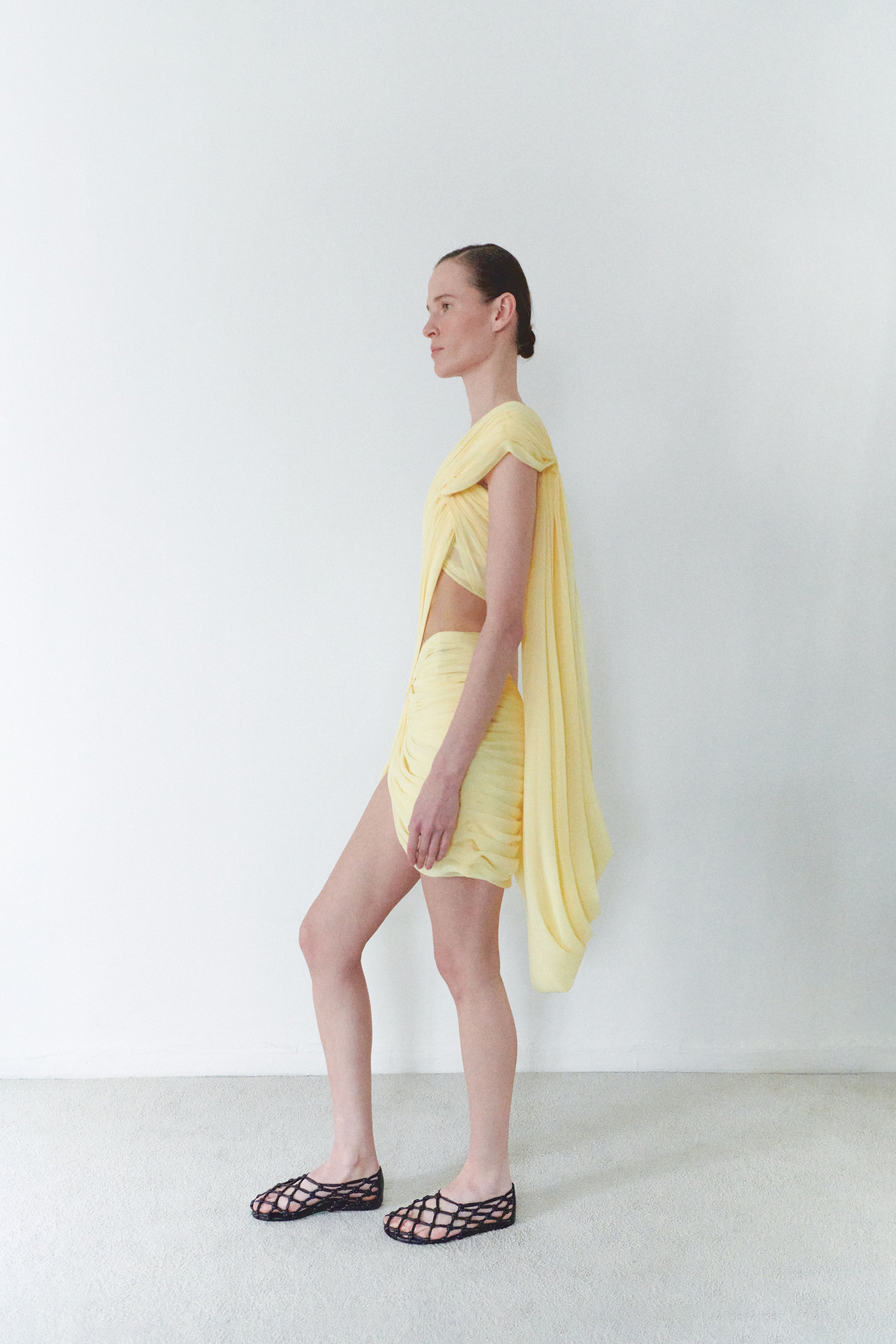 Yellow Draped Mini Dress With Cape And Collar Details