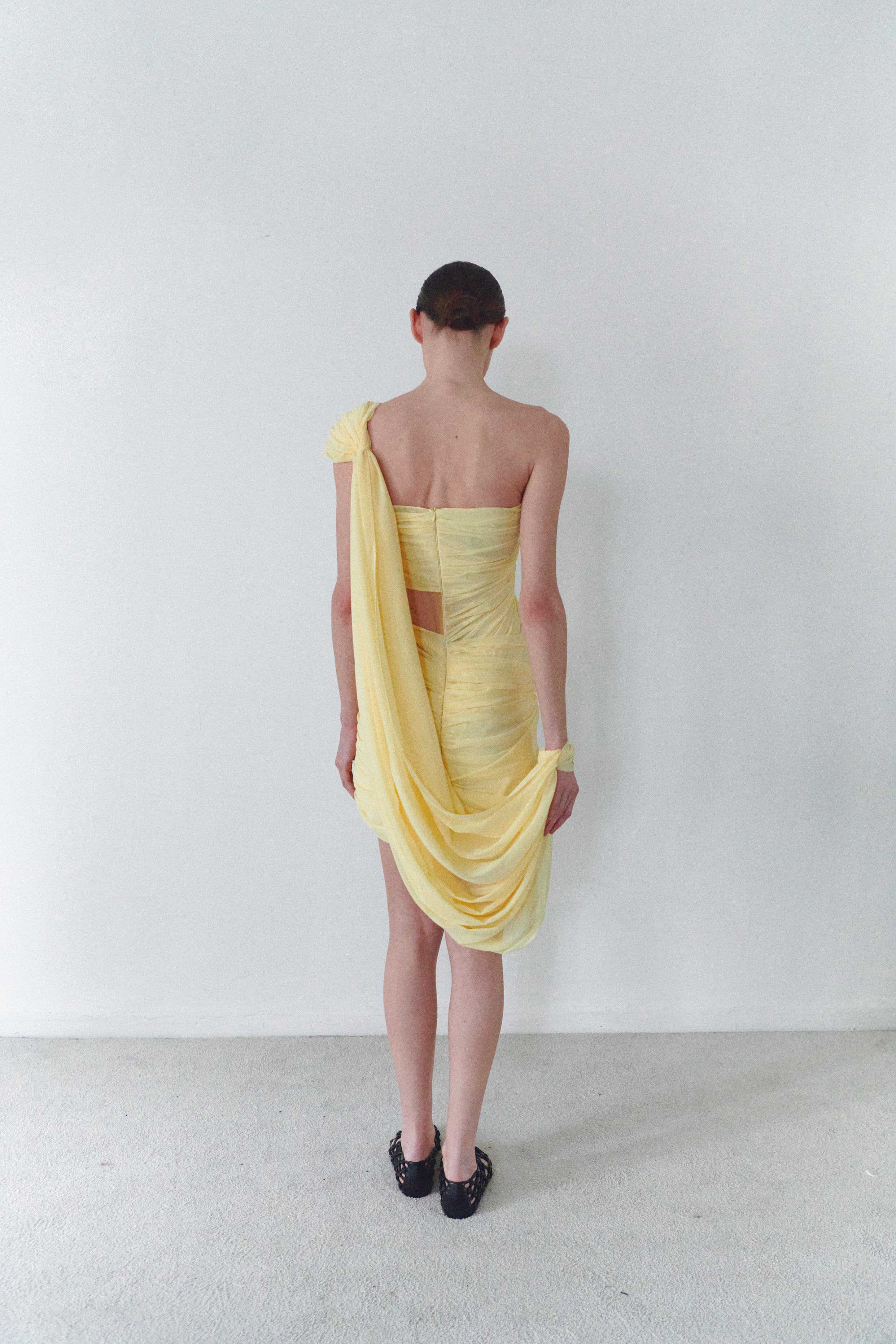 Yellow Draped Mini Dress With Cape And Collar Details