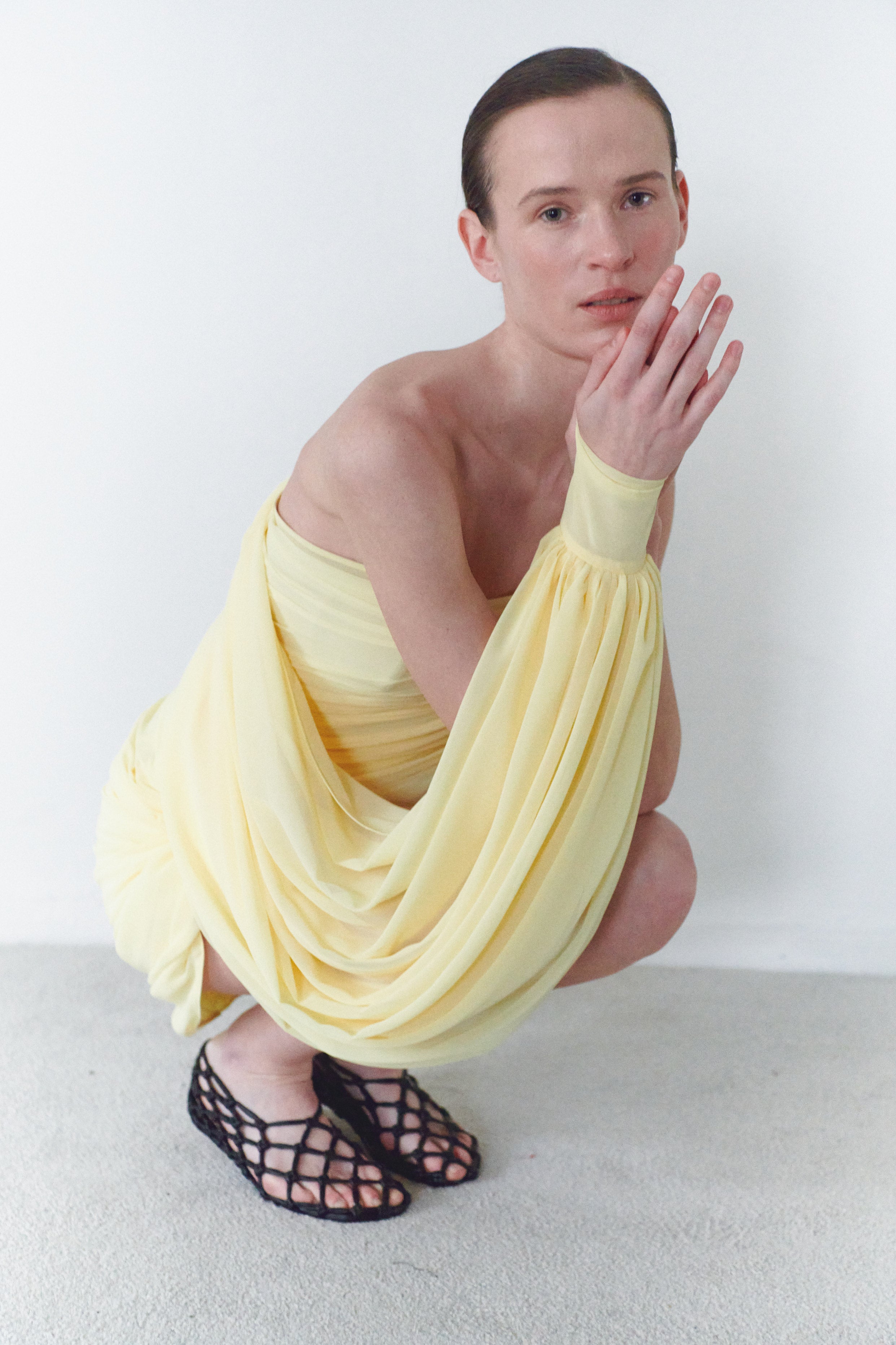 Yellow Draped Mini Dress With Cape And Collar Details