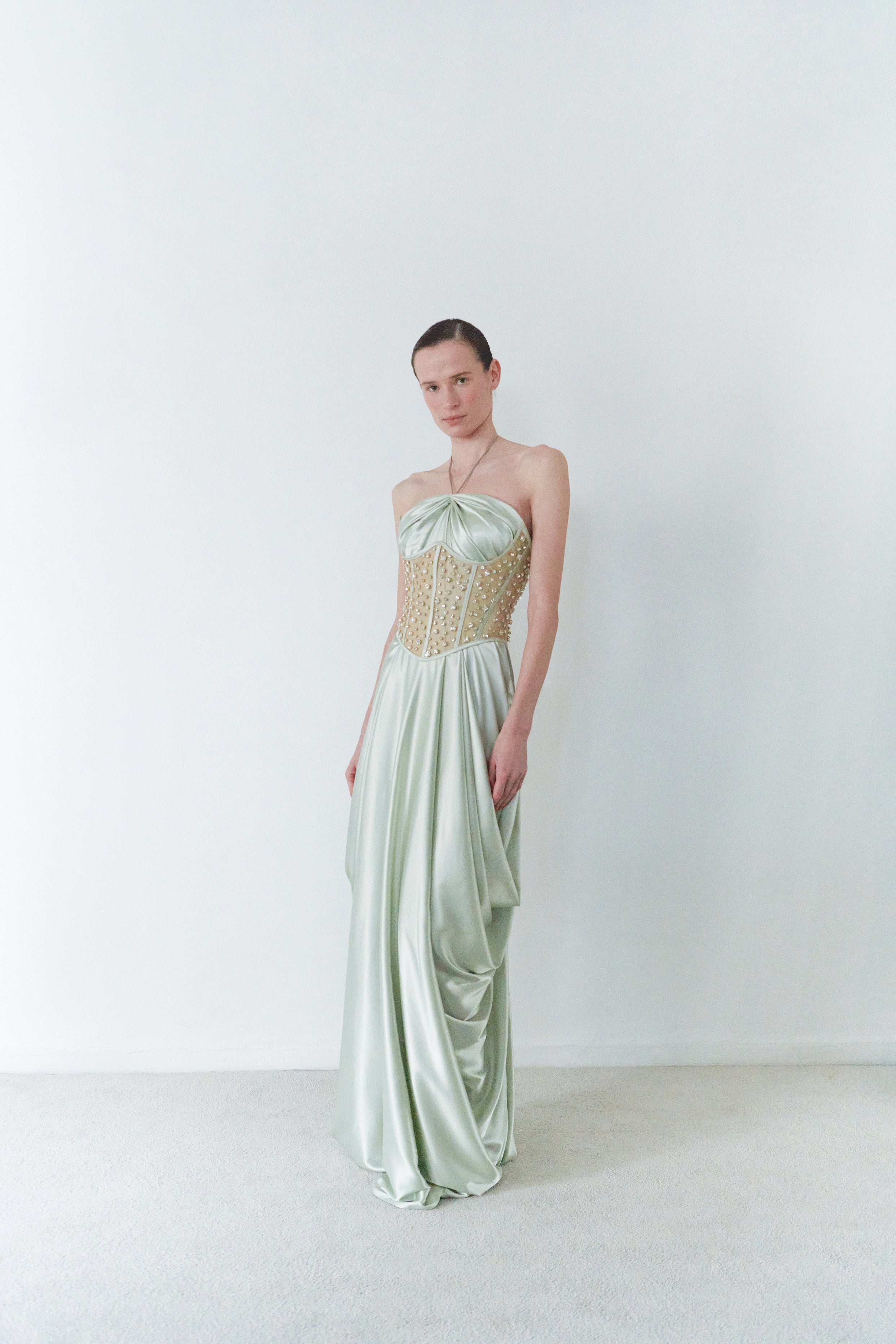 Sage Green Maxi Dress With Embellished Corset