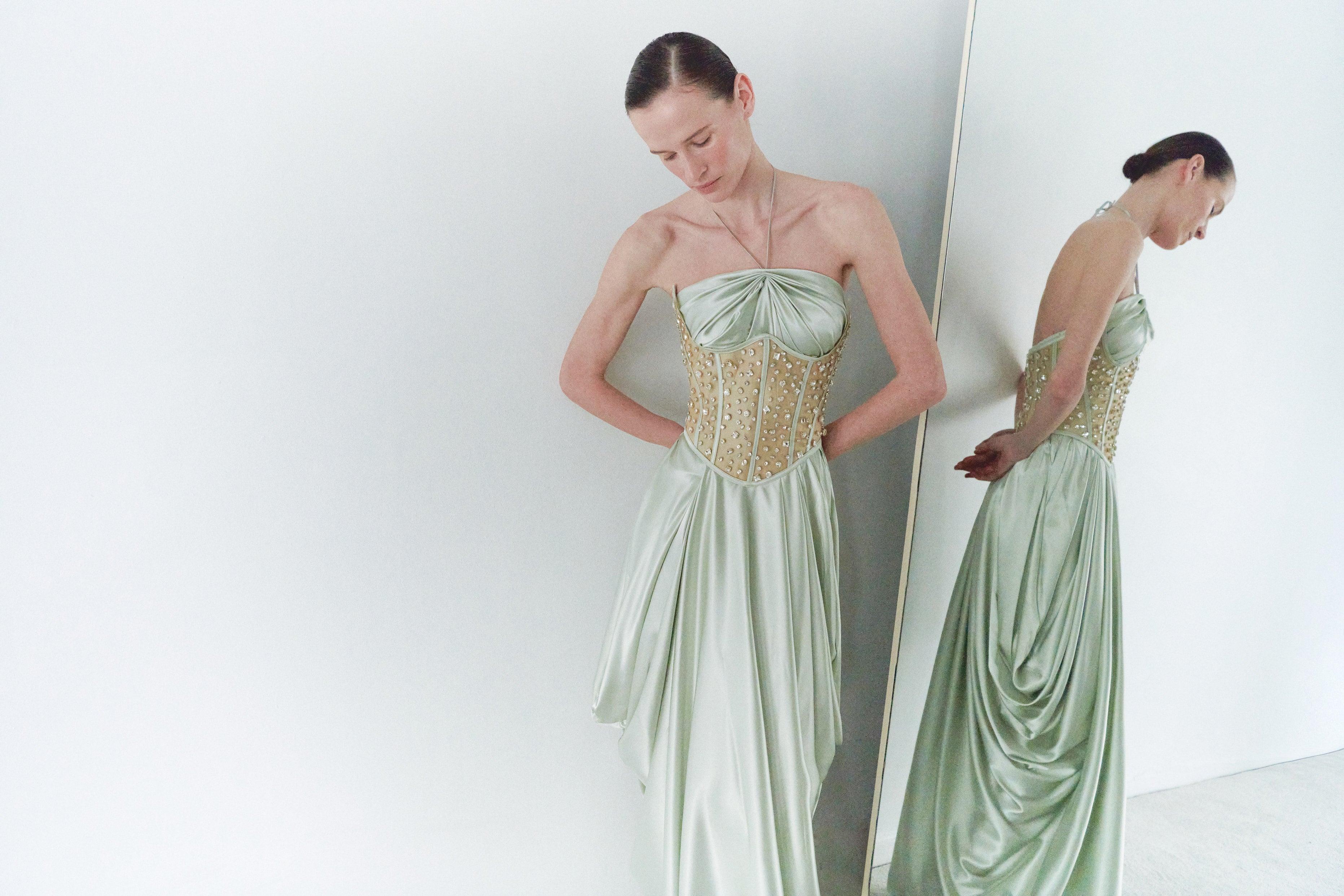 Sage Green Maxi Dress With Embellished Corset