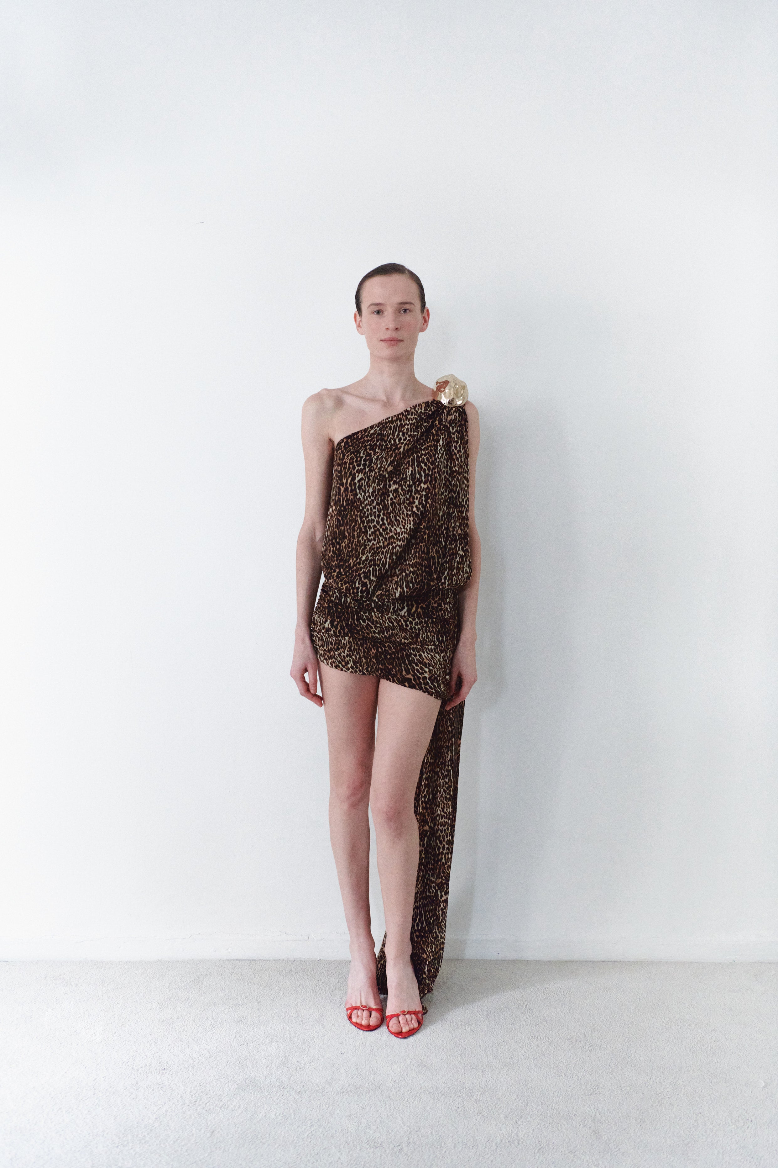 Leopard Print Chiffon Dress With Handmade Stone Detail