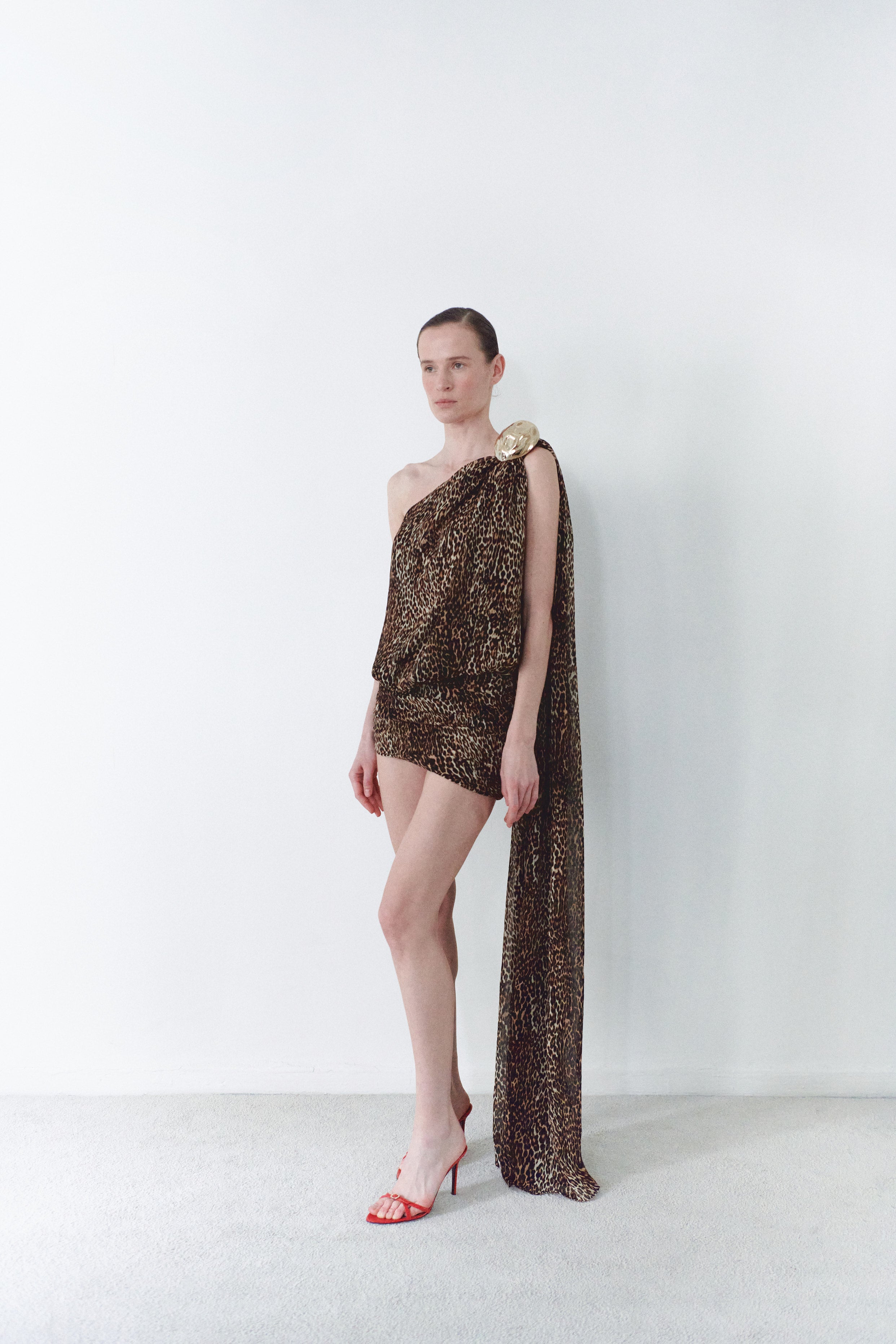 Leopard Print Chiffon Dress With Handmade Stone Detail