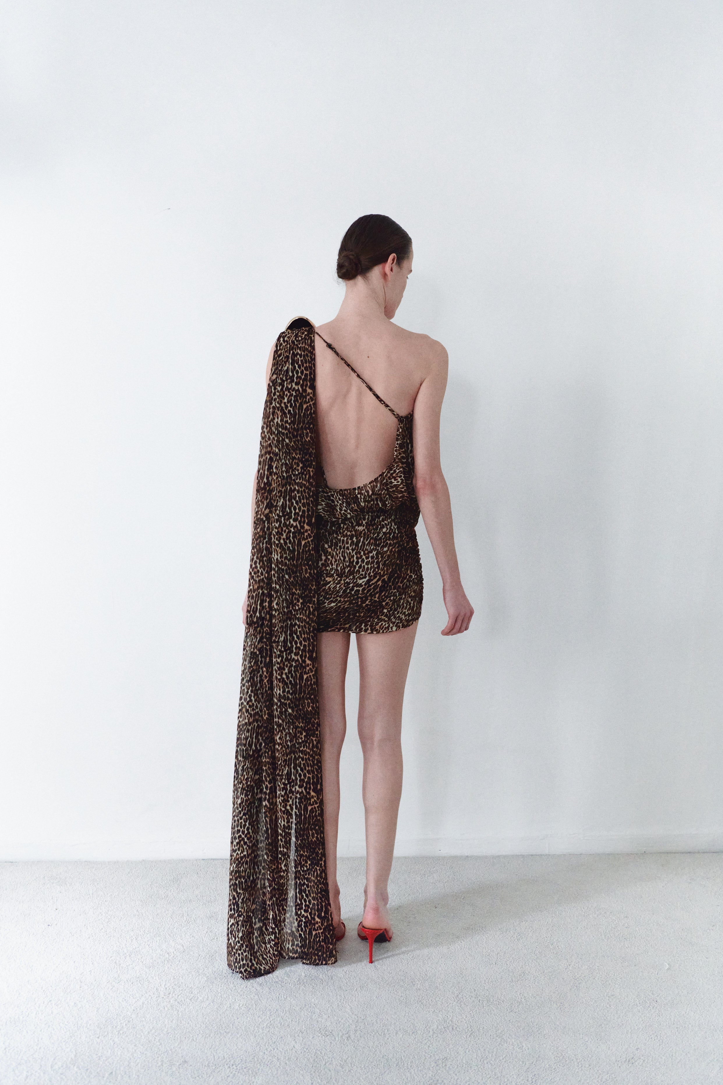 Leopard Print Chiffon Dress With Handmade Stone Detail