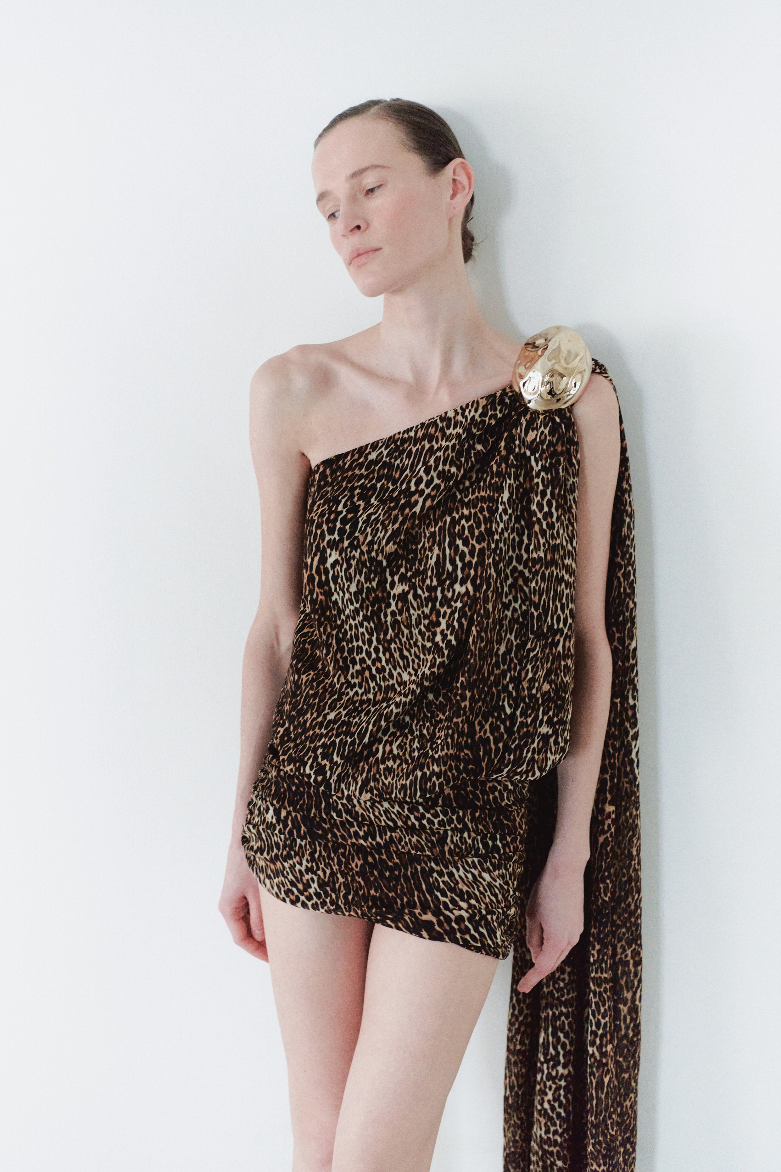 Leopard Print Chiffon Dress With Handmade Stone Detail