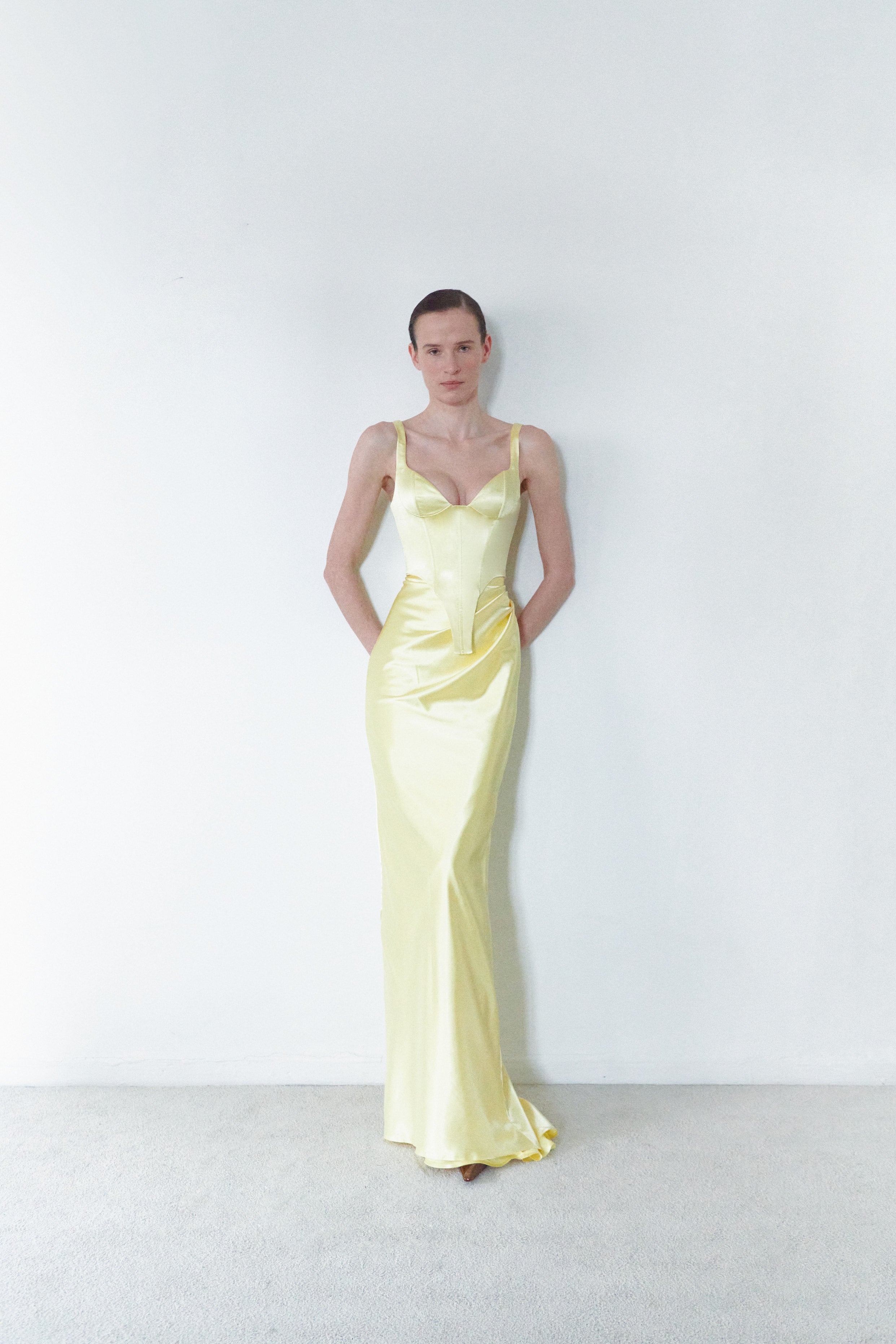 Yellow Satin Corset And Long Draped Skirt Two Piece Set