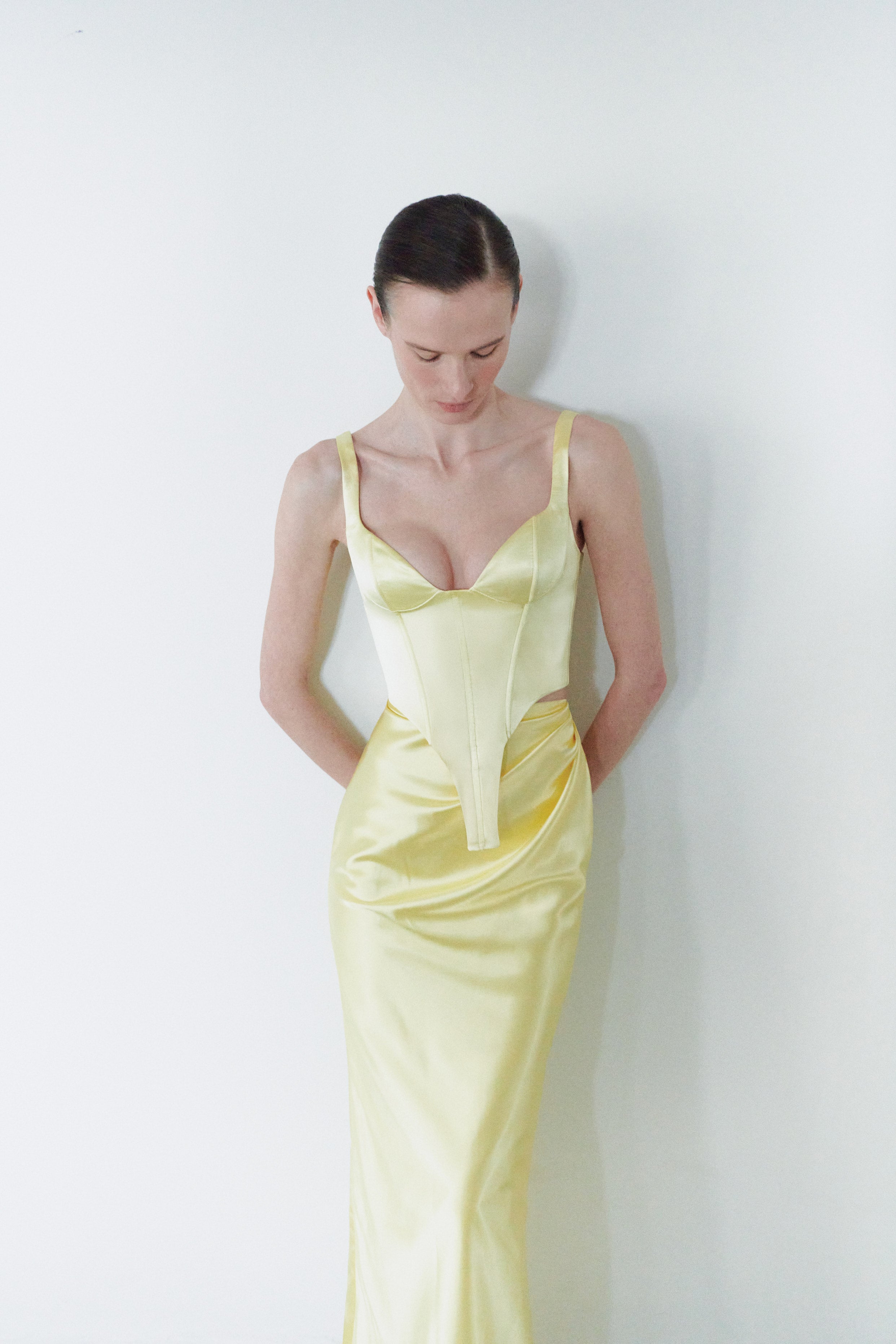 Yellow Satin Corset And Long Draped Skirt Two Piece Set