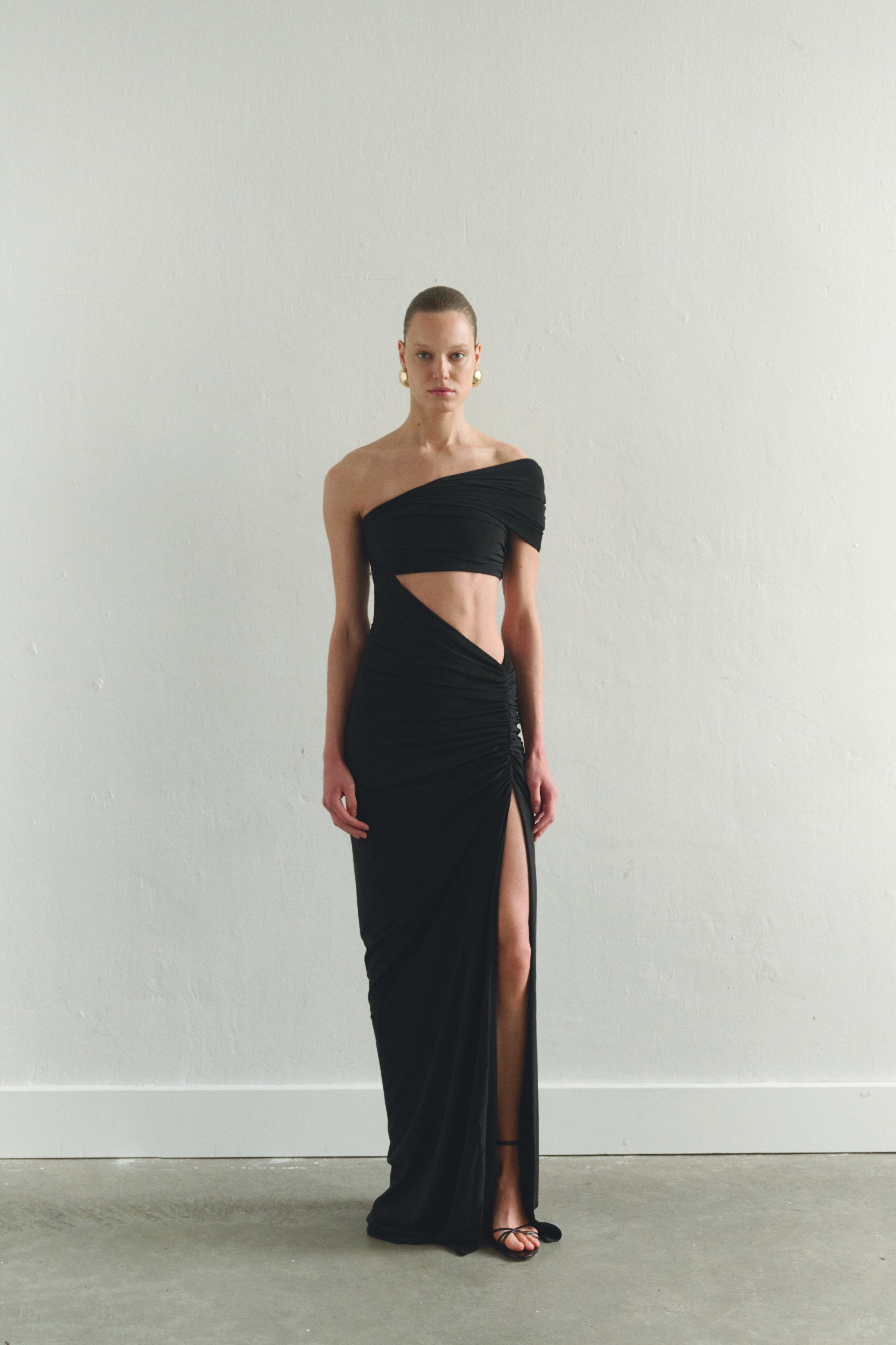 one shoulder black cut out dress Black Jersey One Shoulder Illusion Cut Out Gown