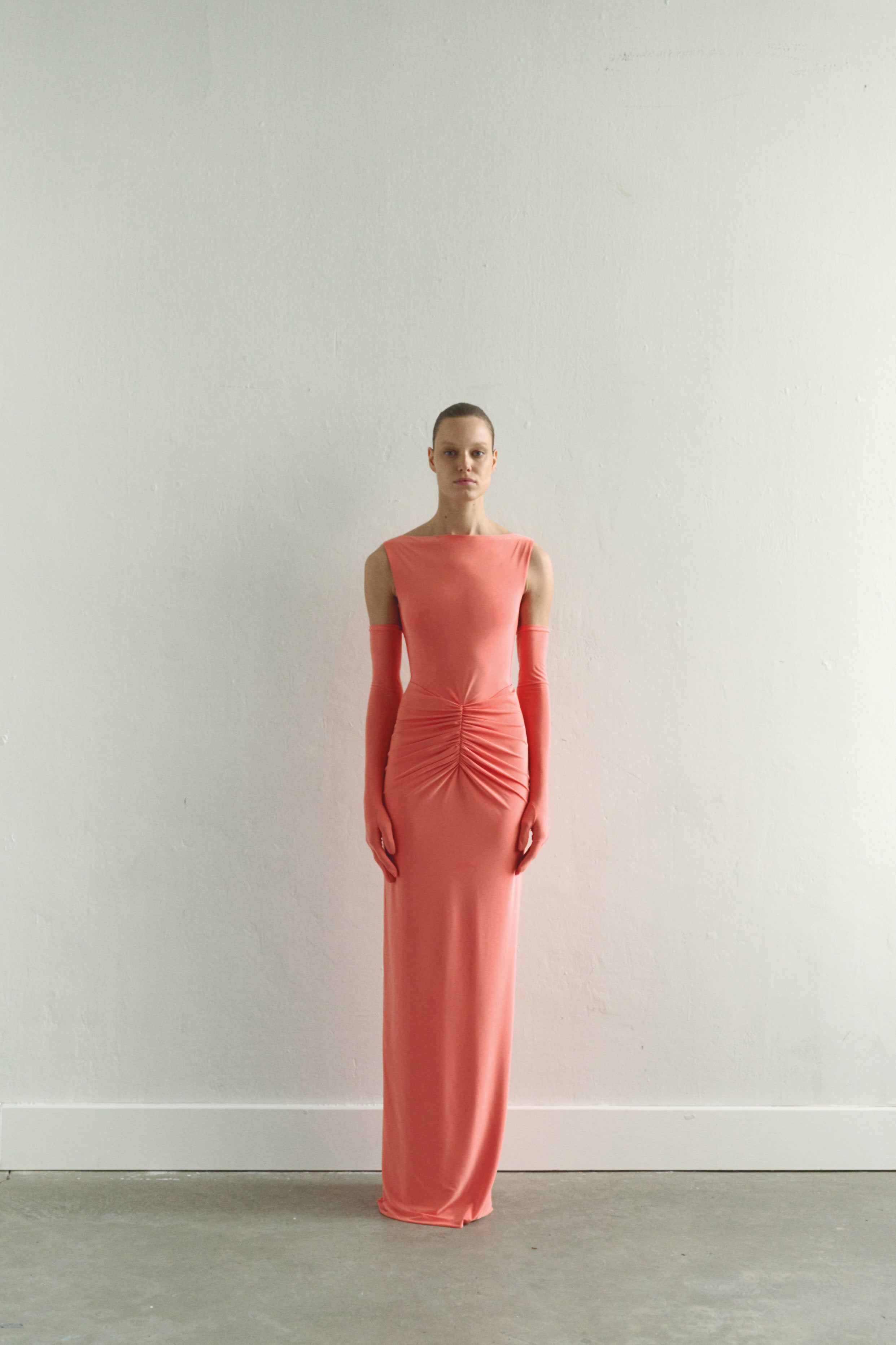 Coral Draped Maxi Dress with Gloves LEAM ALMES Coral Draped Maxi Dress with Gloves LEAM ALMES