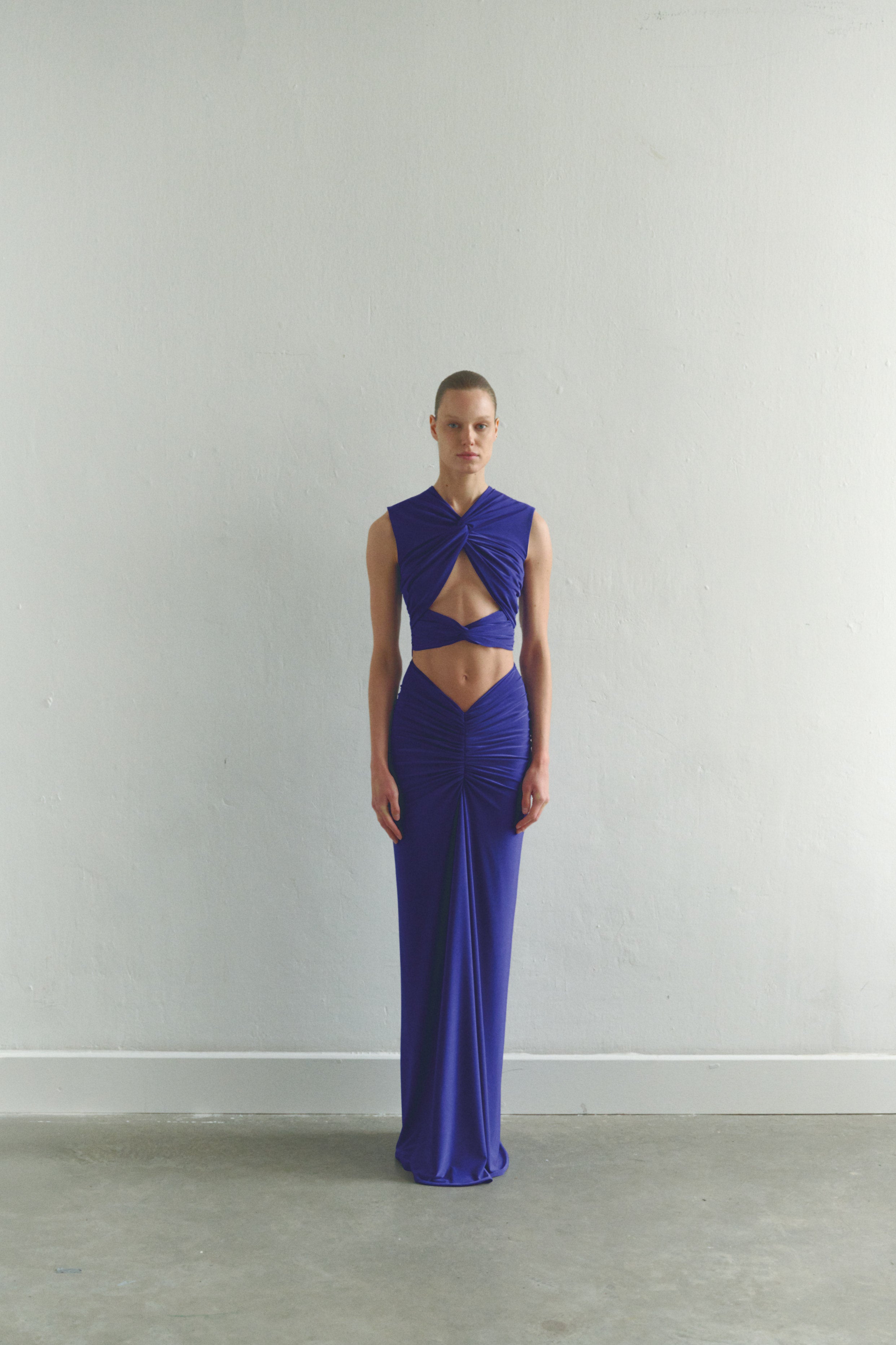 Dark Purple Maxi Dress with Front Knot and Cut-Out Details LEAM ALMES Dark Purple Maxi Dress with Front Knot and Cut-Out Details LEAM ALMES