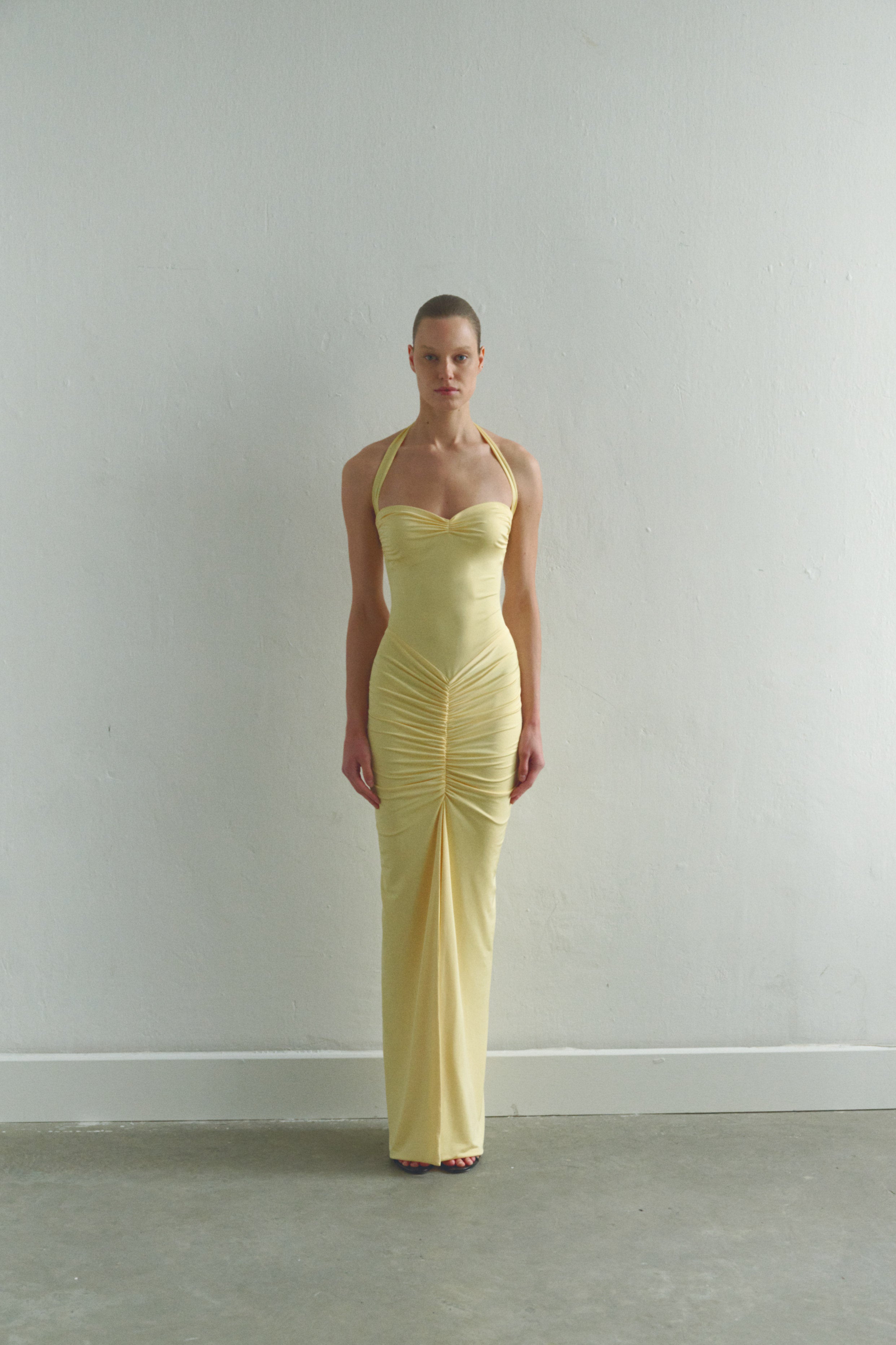 Butter Yellow Tie Neck Draped Dress with Front Slit LEAM ALMES Butter Yellow Tie Neck Draped Dress with Front Slit LEAM ALMES