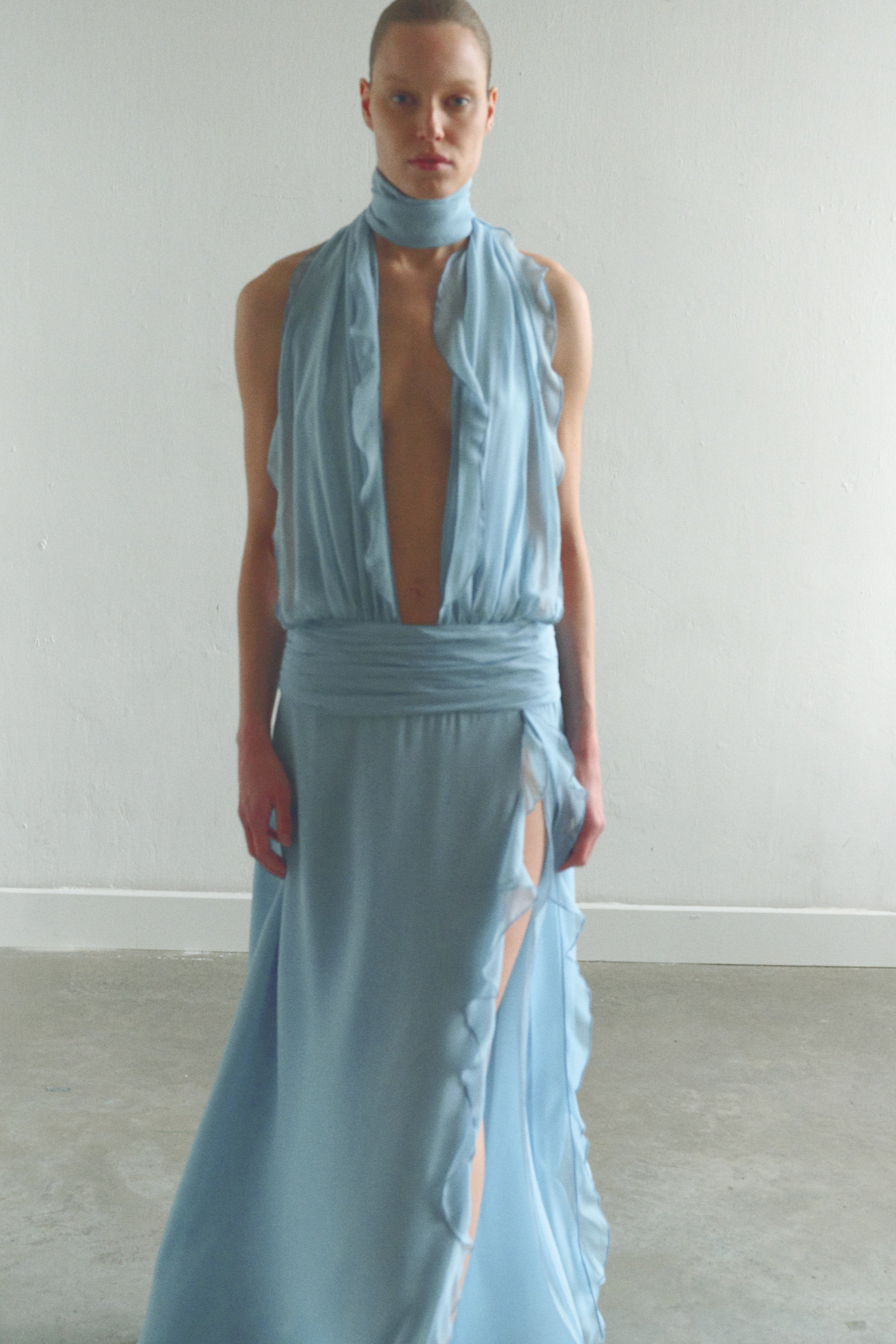 Baby Blue Chiffon Dress with Side Slit LEAM ALMES Baby Blue Chiffon Dress with Side Slit LEAM ALMES