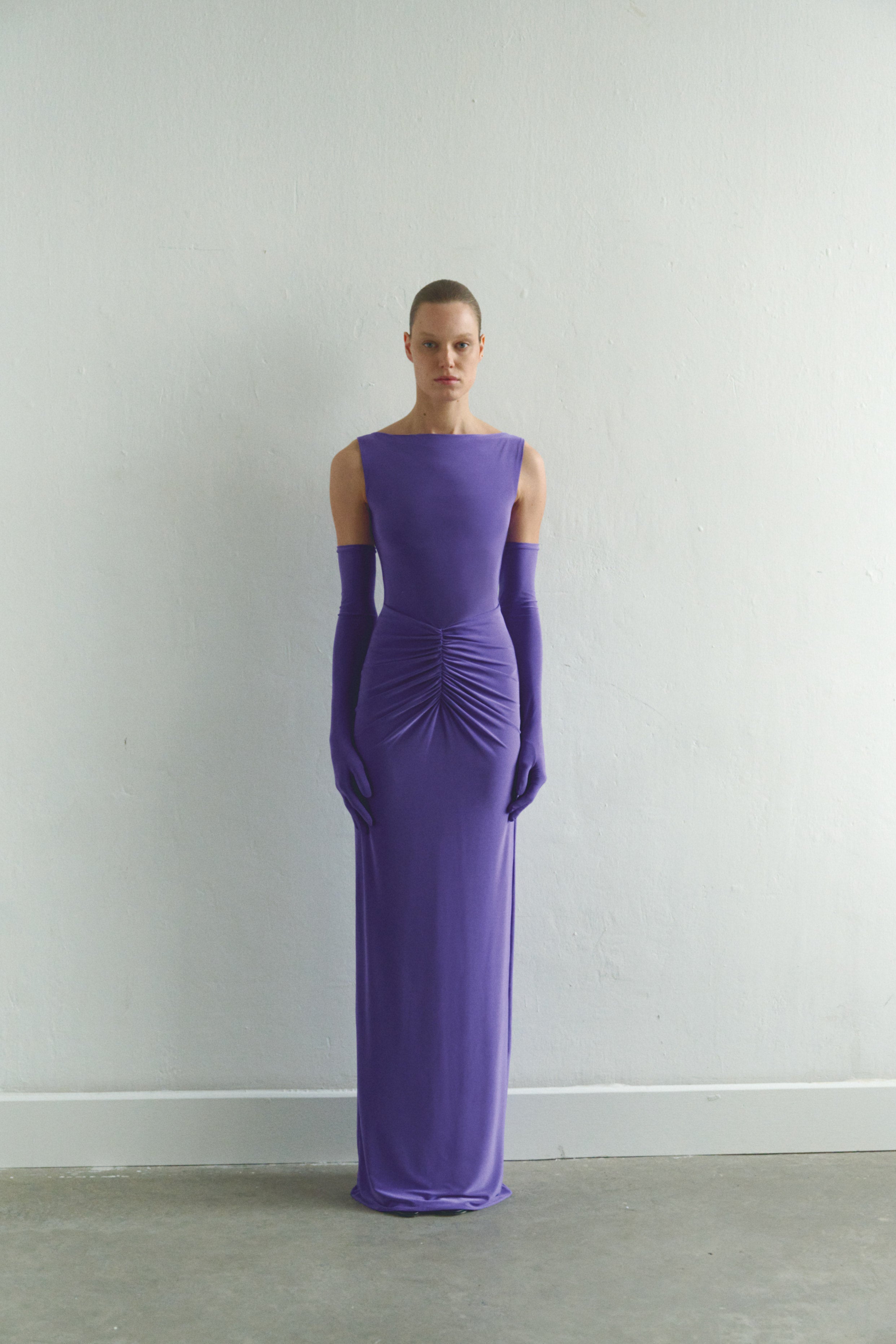 purple dress with gloves Long Formal Off-Shoulder Dress with Gloves