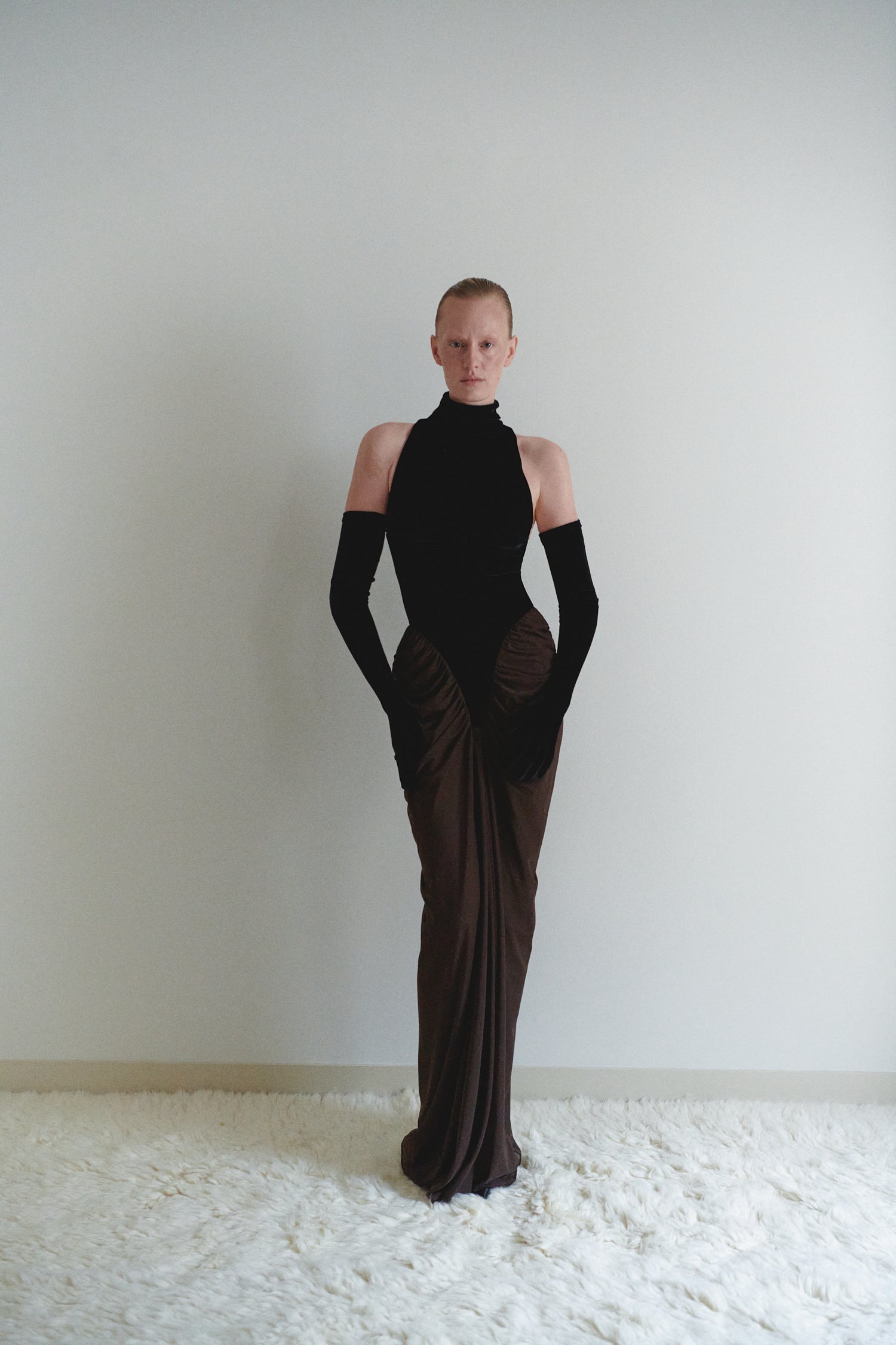 Black Velvet and Brown Tulle Draped Dress with Gloves LEAM ALMES Black Velvet and Brown Tulle Draped Dress with Gloves LEAM ALMES