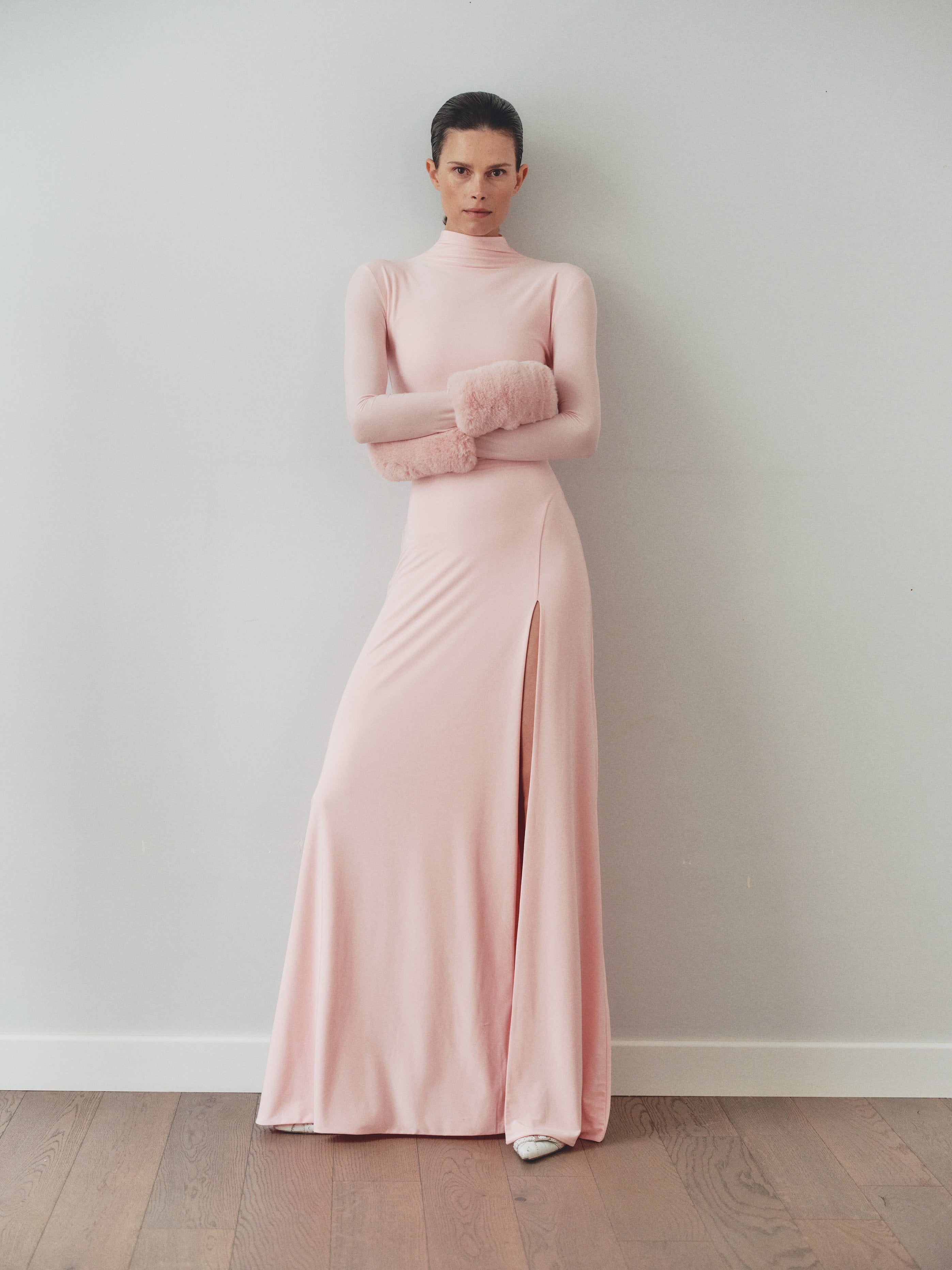 Light Pink Maxi Dress with Detachable Fur Details – LEAM ALMES