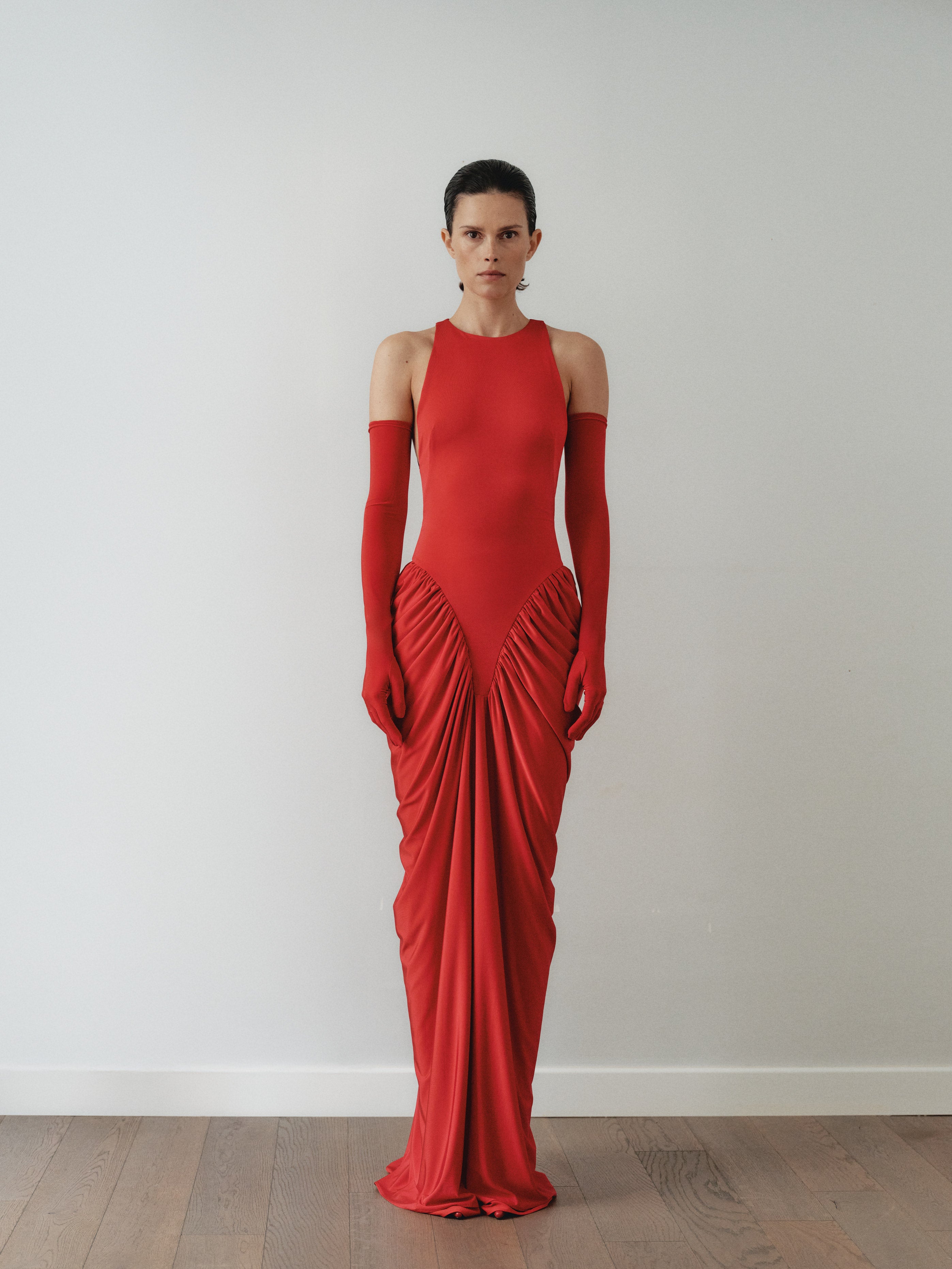 Red Halter Neck Draped Dress with Gloves – LEAM ALMES