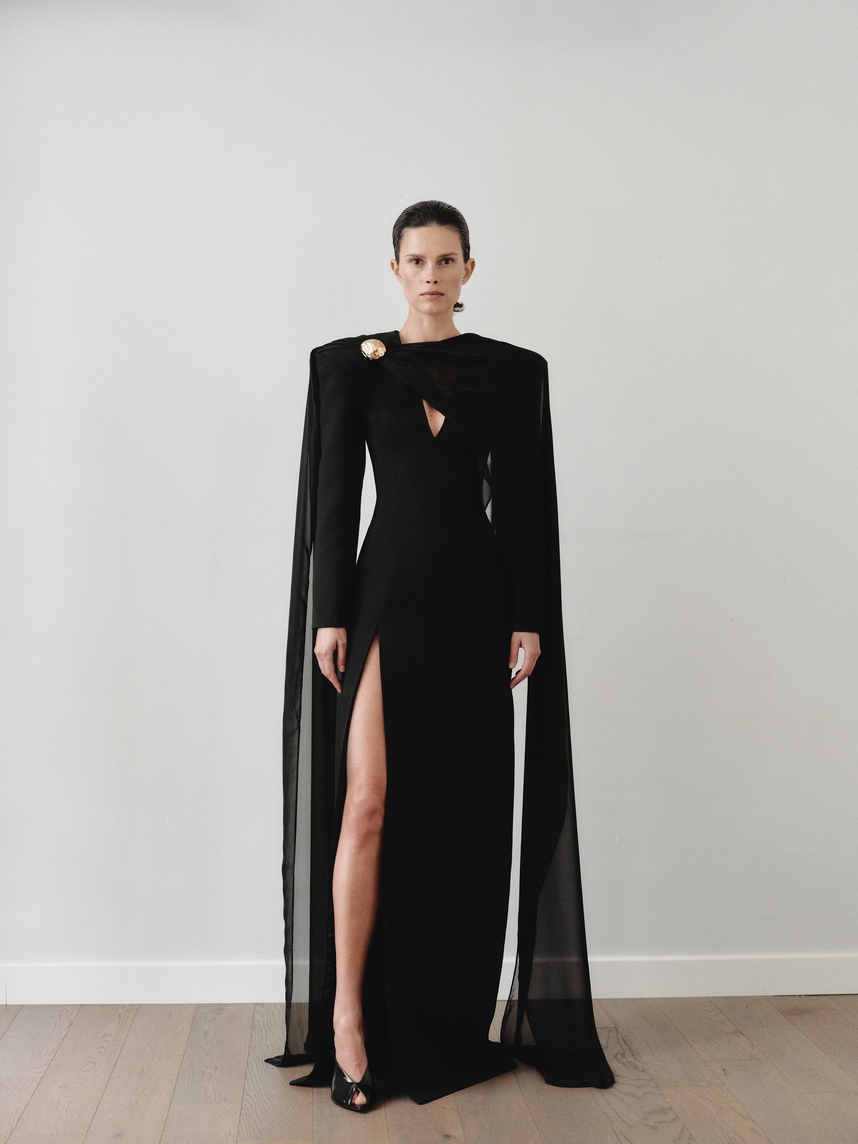 slim fit dress slacks Black V Neckline Maxi Dress with Scarf and Hand-Made Gold Pleated Ston –  LEAM ALMES