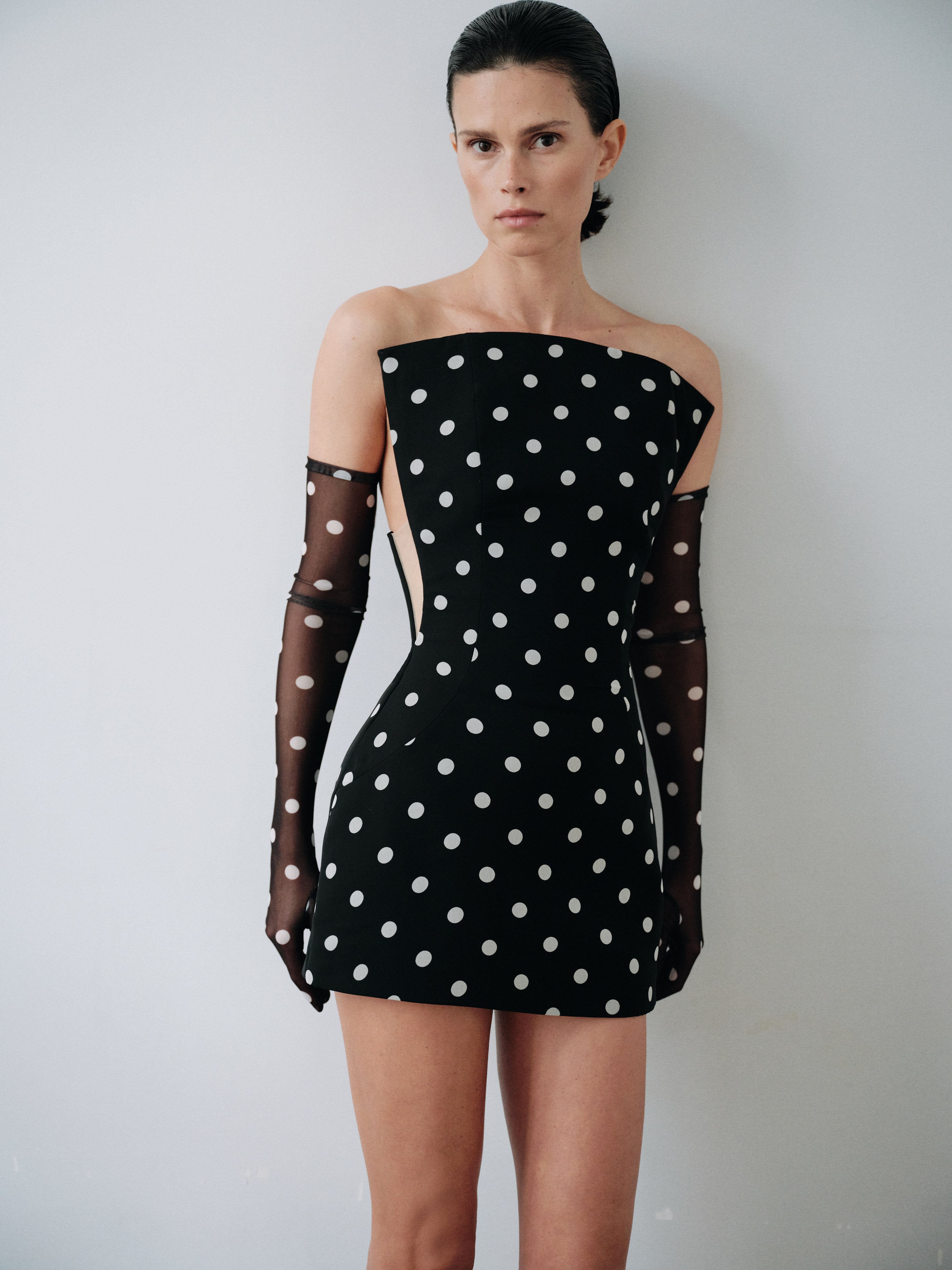 Polka Dot Mini Dress with Structure Neckline and Gloves – LEAM ALMES