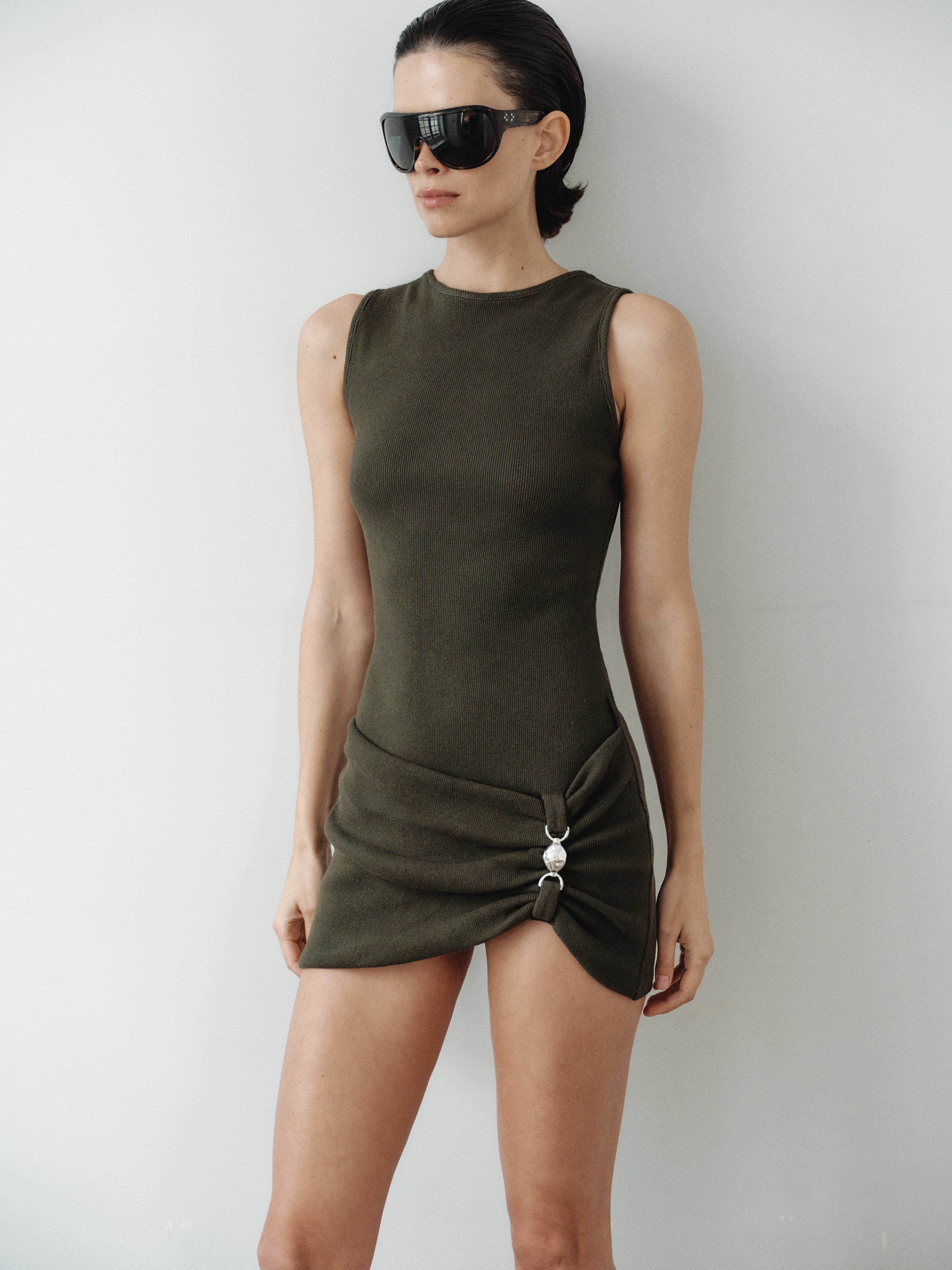 Khaki Mini Halter Neck Dress with Hand-Made Silver Pleated Accesory – LEAM  ALMES