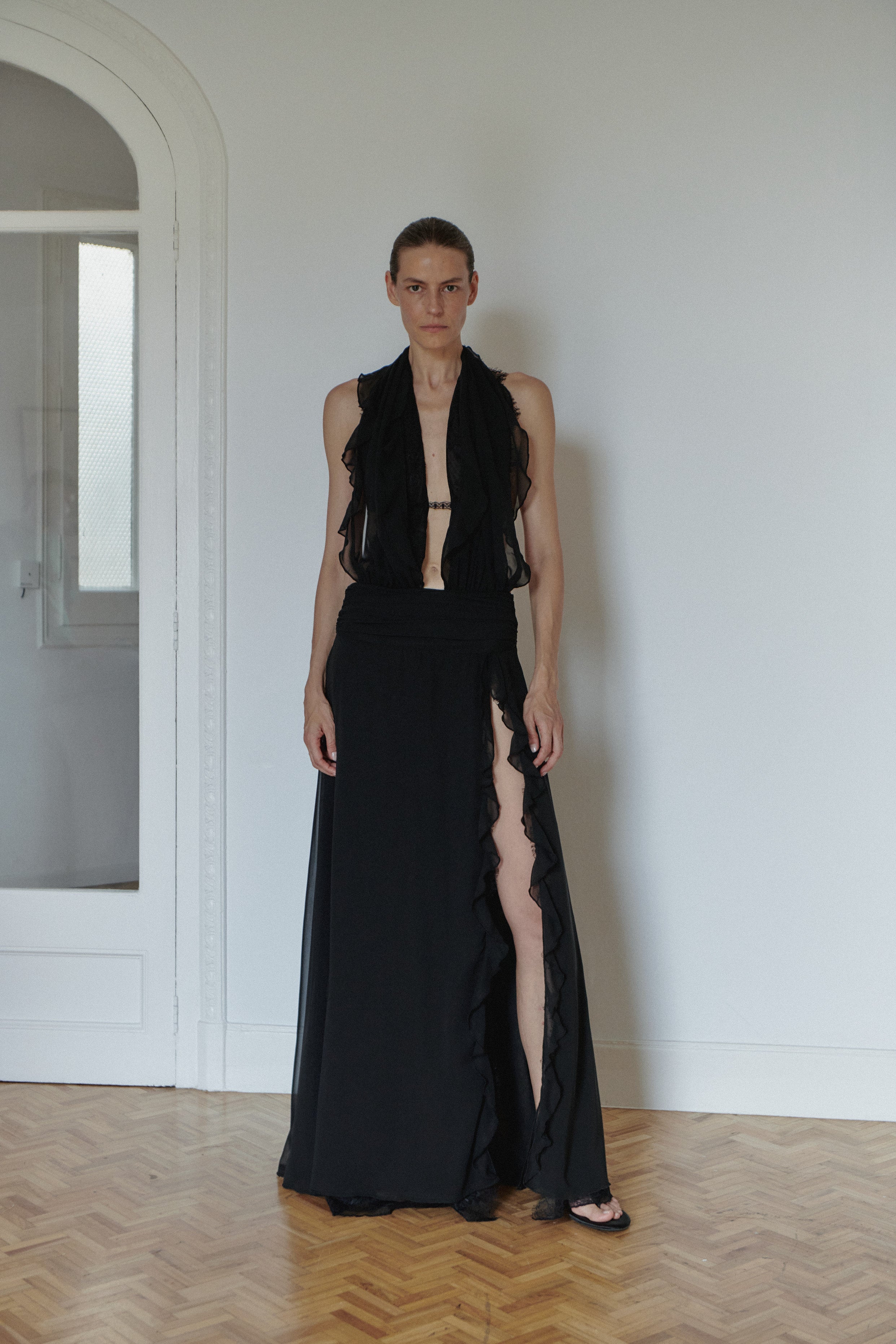 Black Lace Dress with Side Slit LEAM ALMES Black Lace Dress with Side Slit LEAM ALMES