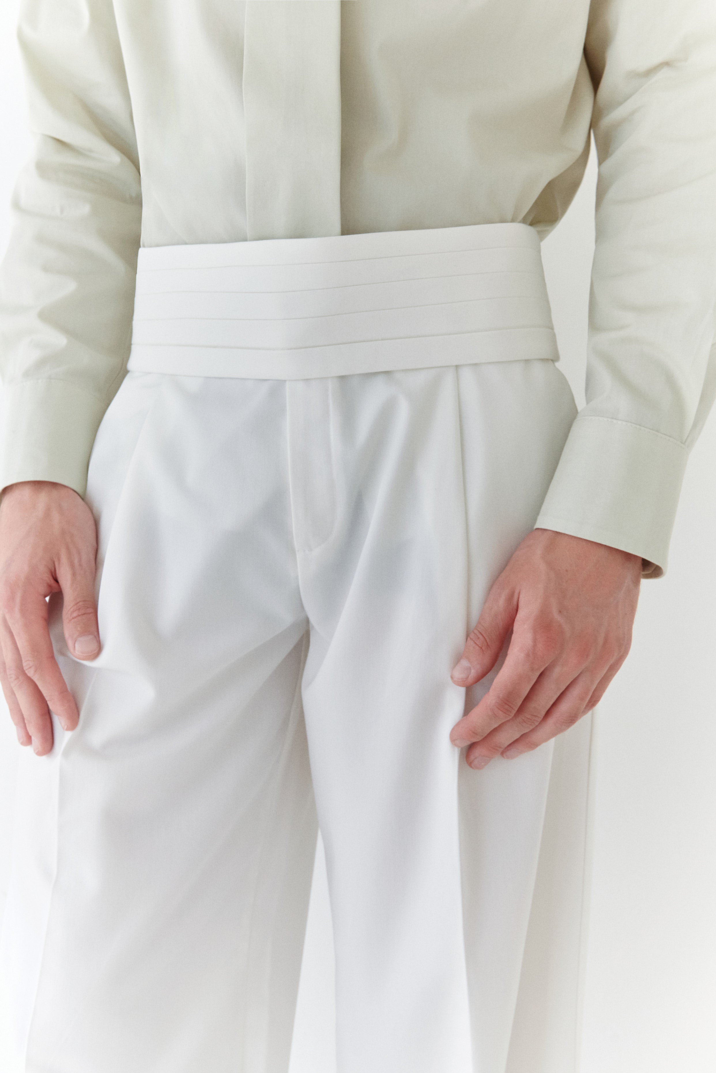 White Unisex Pants With Adjustable Cummerbund