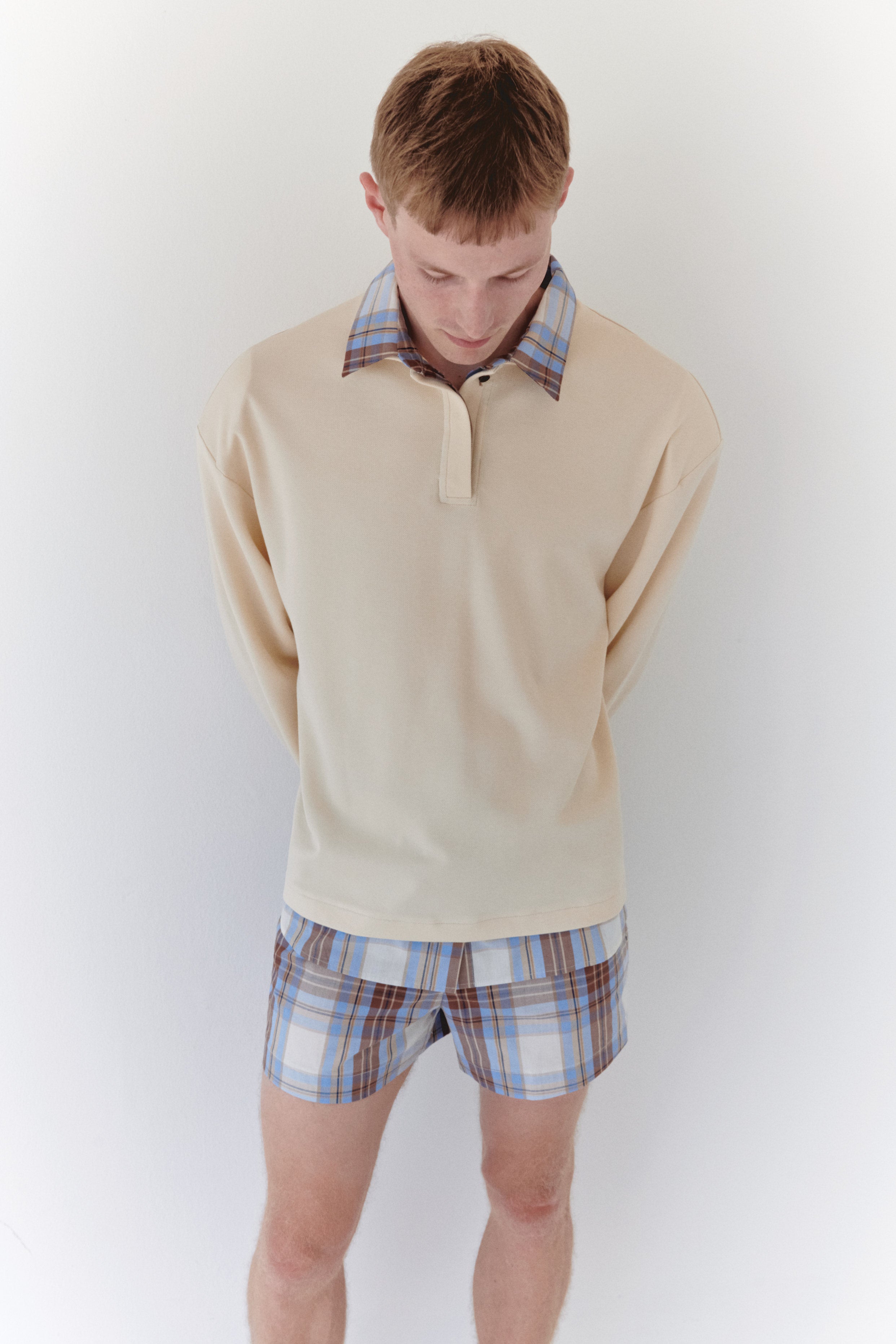 Beige Padded Polo Shirt With Blue Plaid Collar And Cuff Details