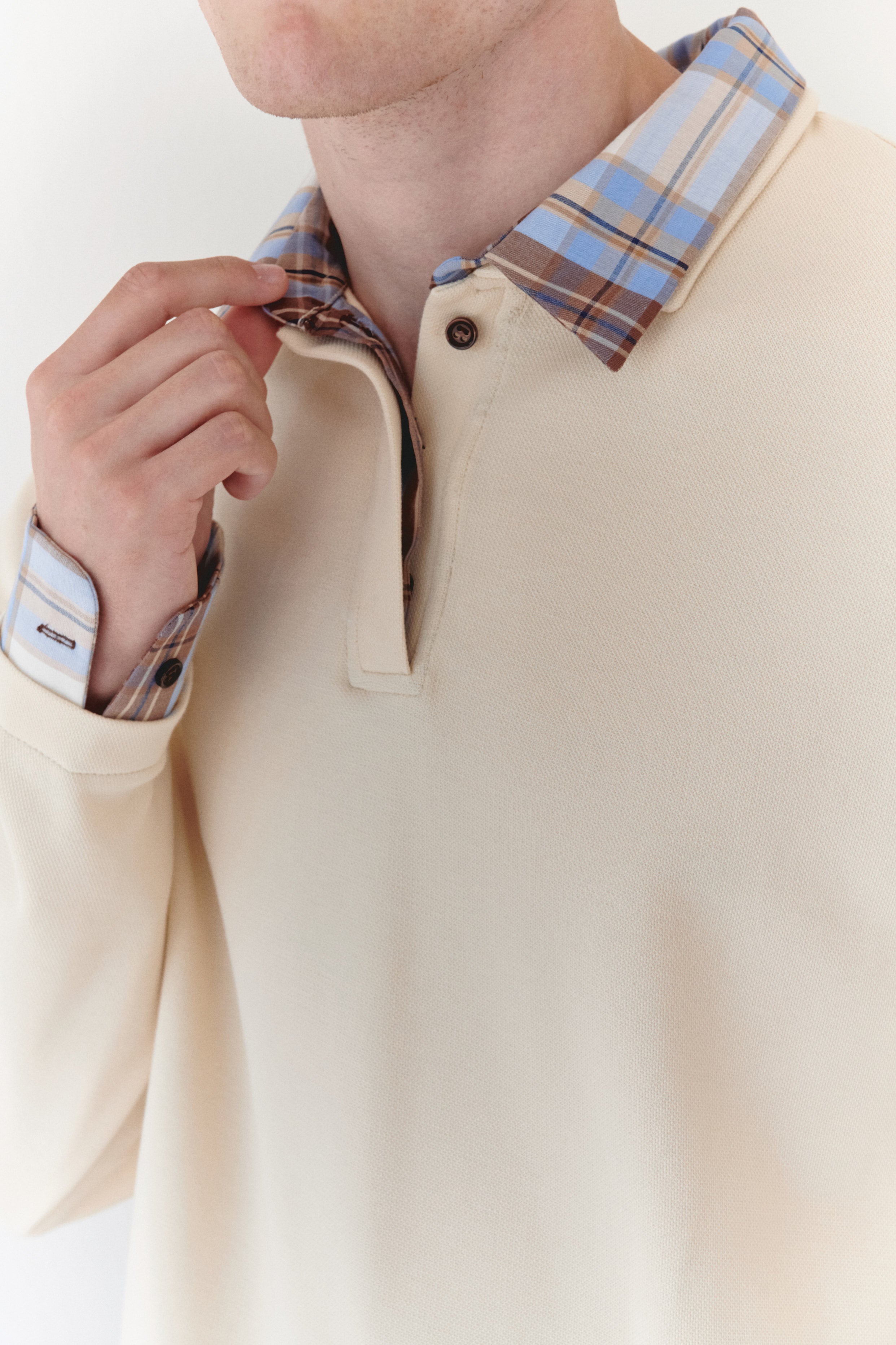 Beige Padded Polo Shirt With Blue Plaid Collar And Cuff Details