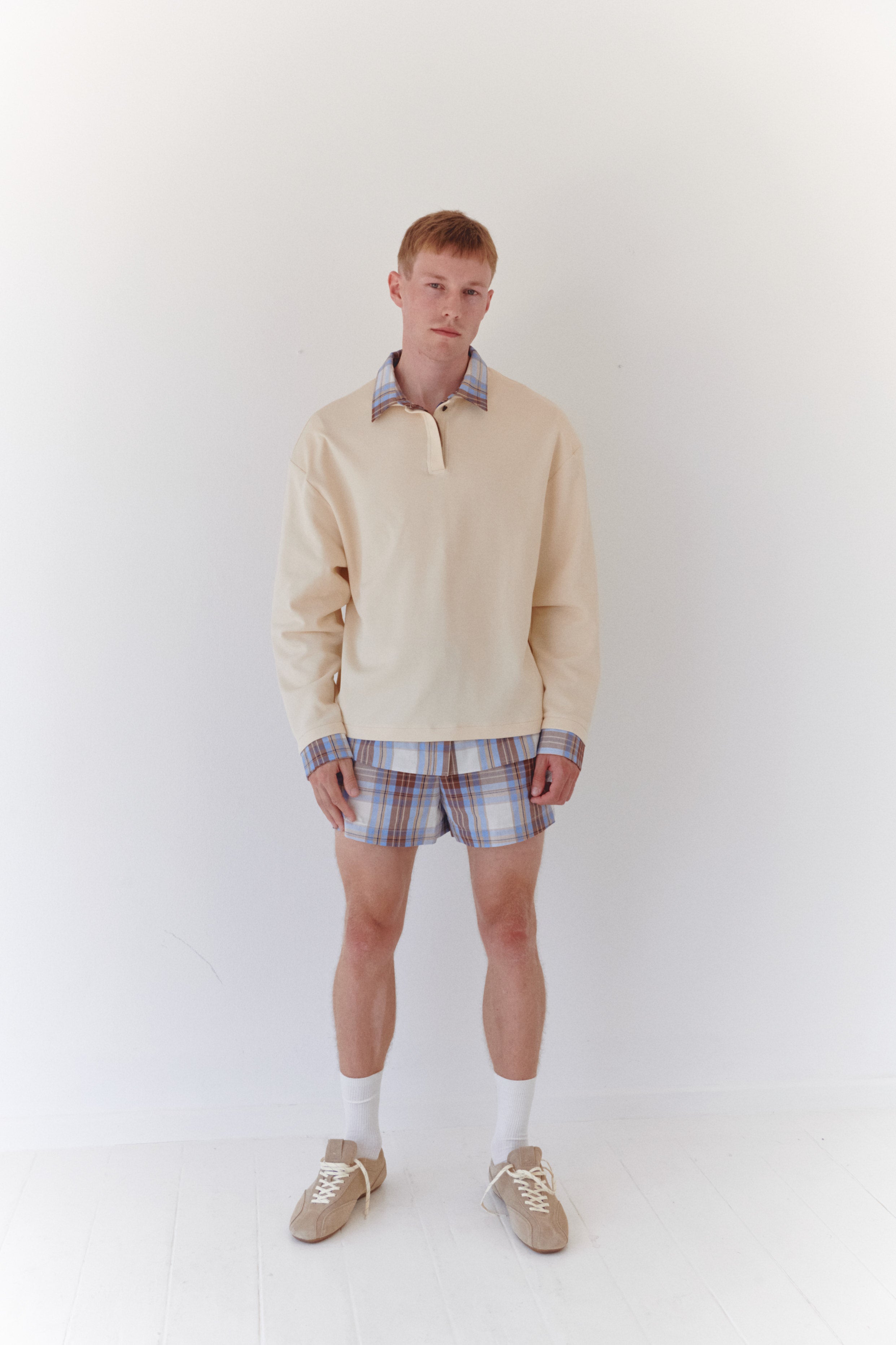 Beige Padded Polo Shirt With Blue Plaid Collar And Cuff Details